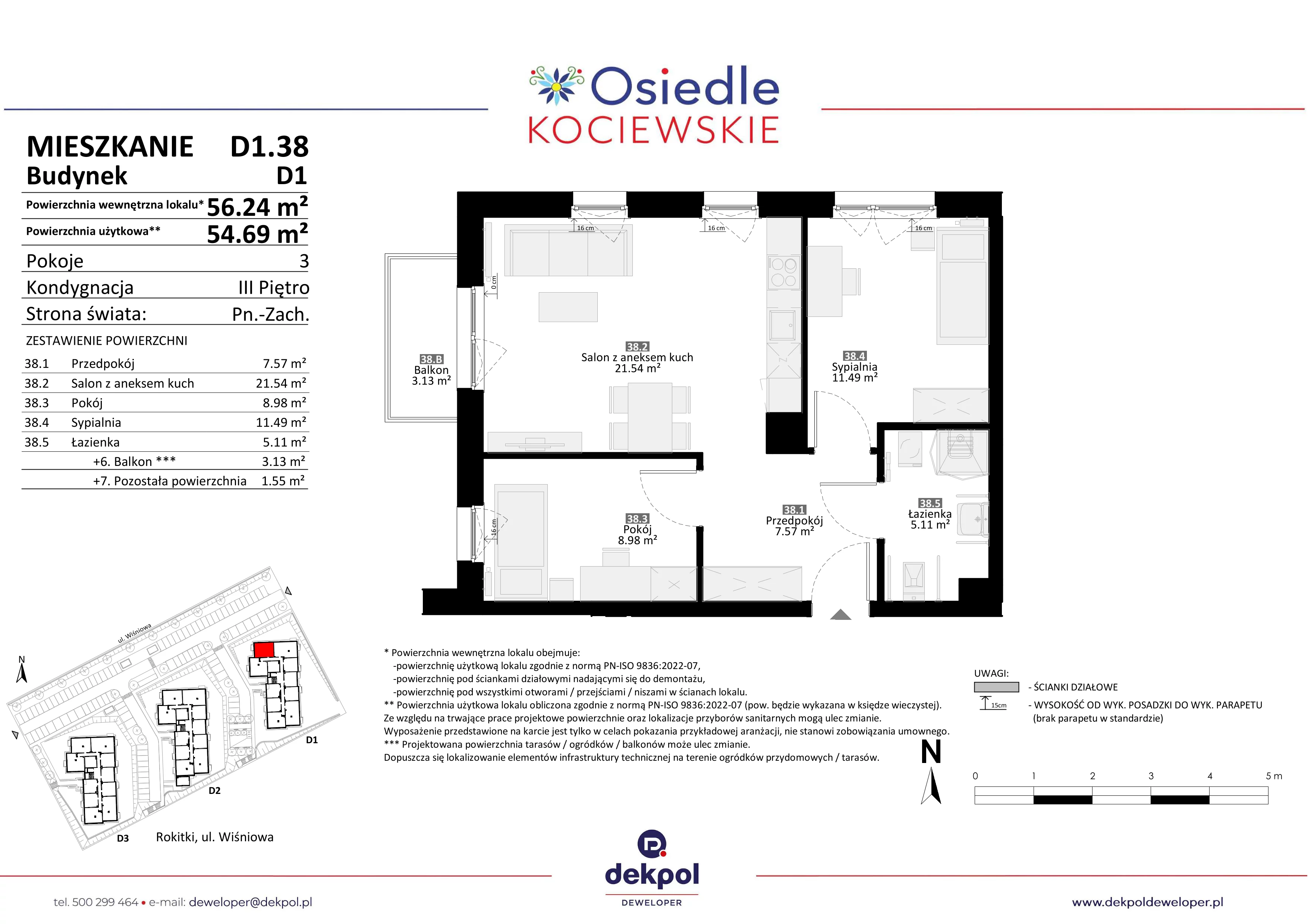 3 pokoje, mieszkanie 54,69 m², piętro 3, oferta nr D1.38, Osiedle Kociewskie III, Rokitki, ul. Tczewska