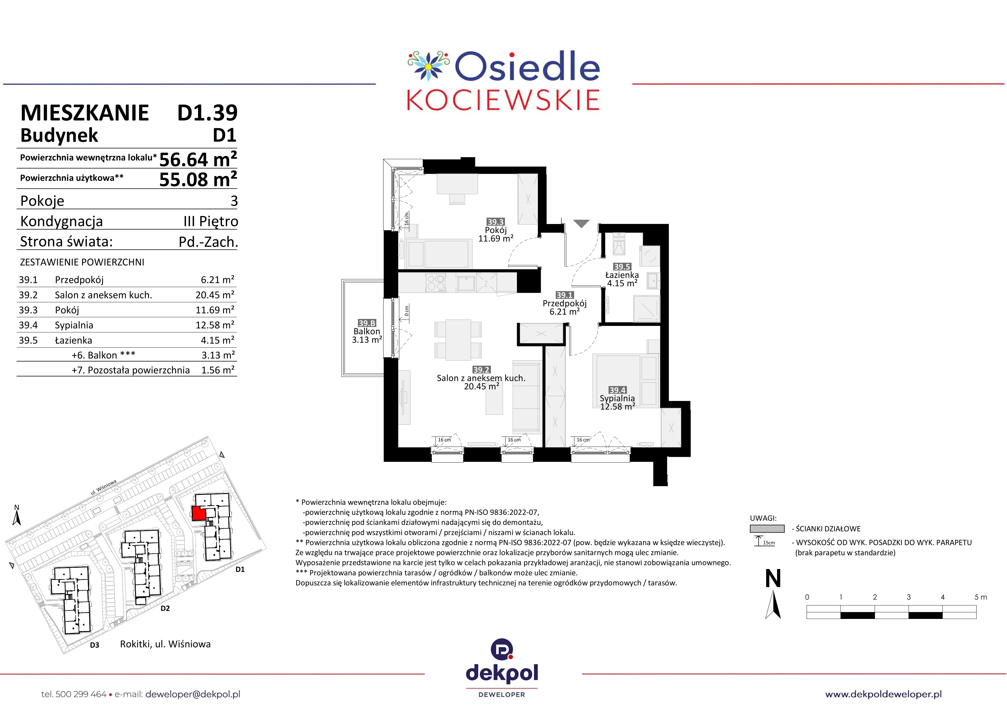 3 pokoje, mieszkanie 55,08 m², piętro 3, oferta nr D1.39, Osiedle Kociewskie III, Rokitki, ul. Tczewska