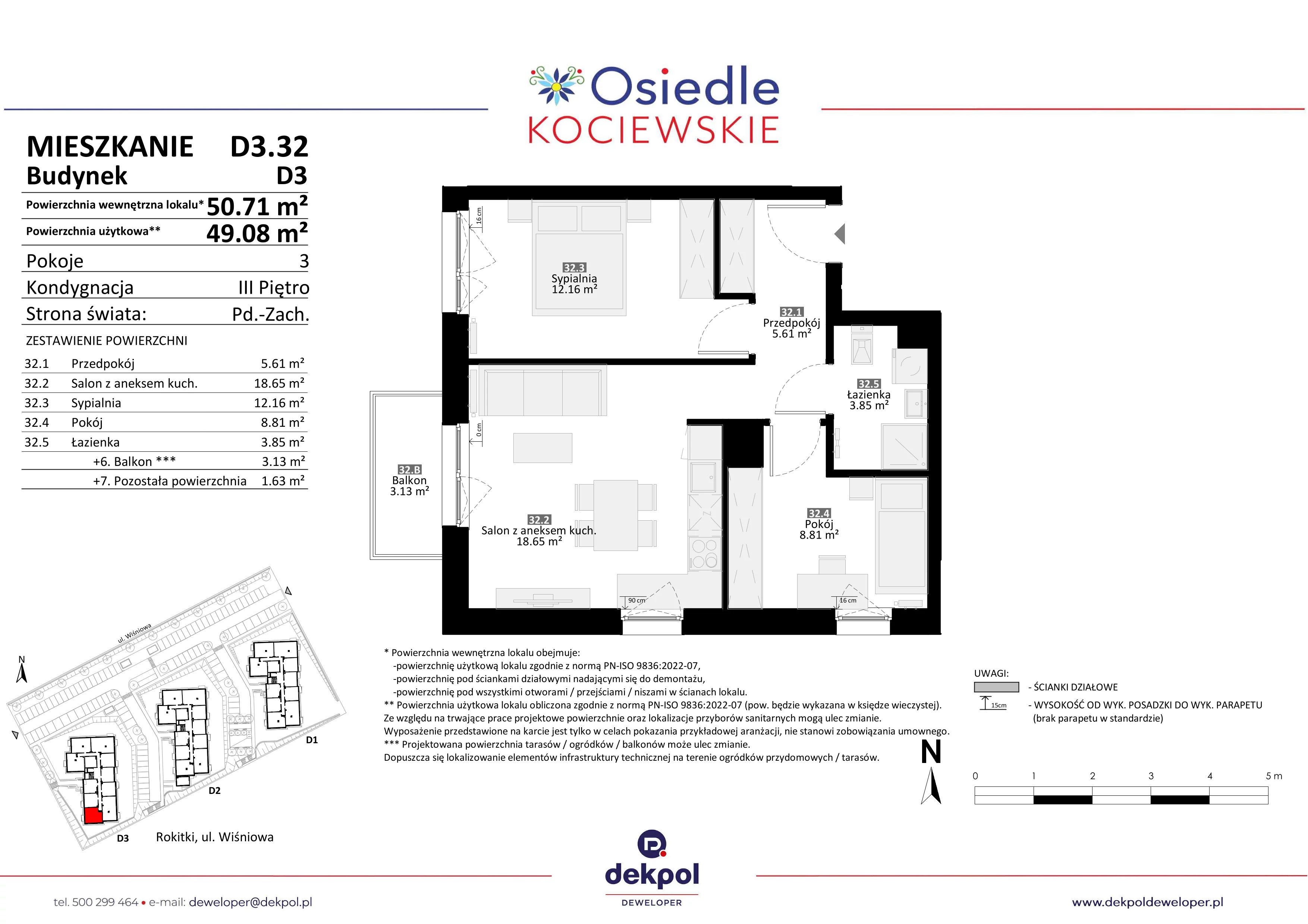 3 pokoje, mieszkanie 49,08 m², piętro 3, oferta nr D3.32, Osiedle Kociewskie III, Rokitki, ul. Tczewska
