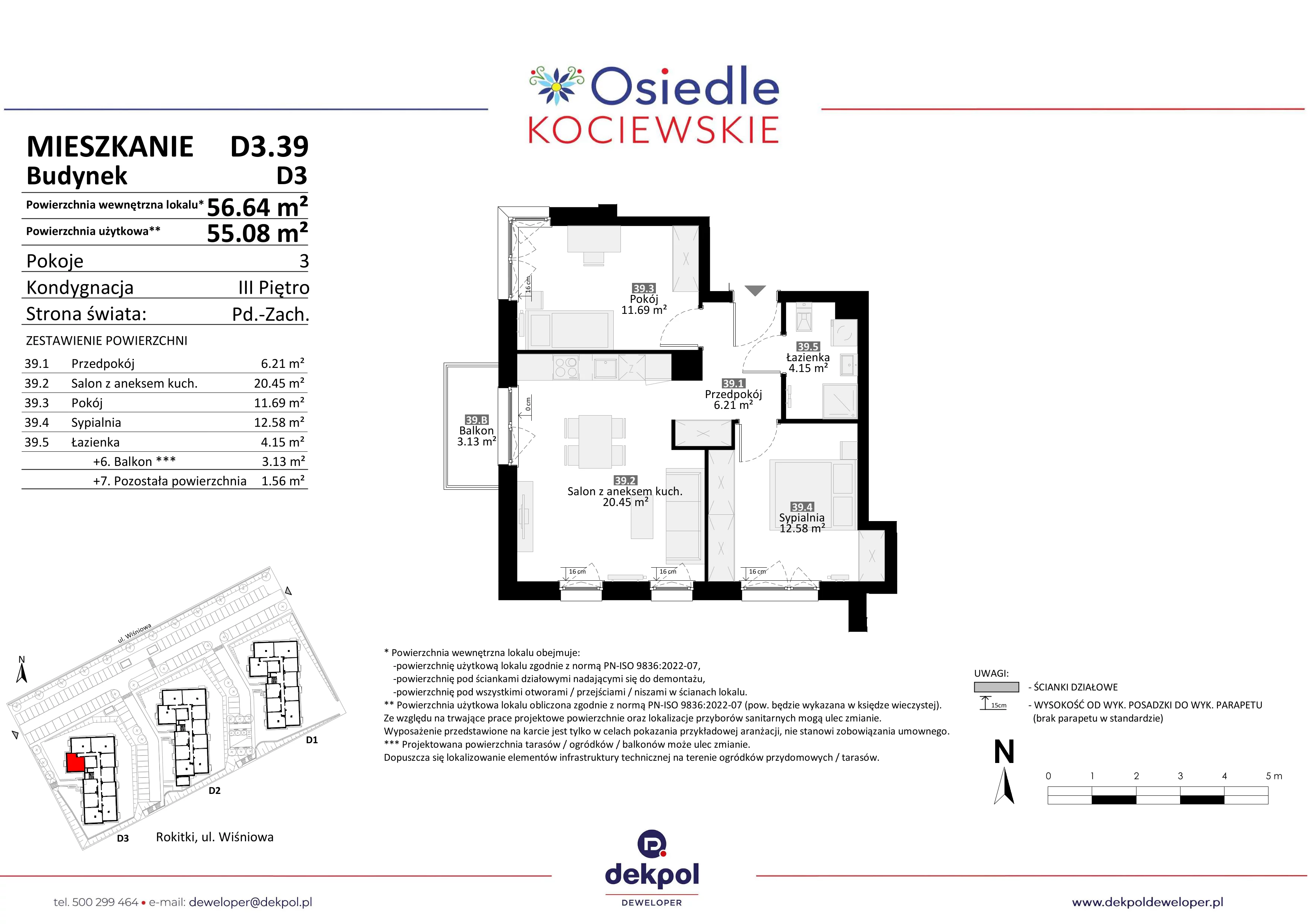 3 pokoje, mieszkanie 55,08 m², piętro 3, oferta nr D3.39, Osiedle Kociewskie III, Rokitki, ul. Tczewska