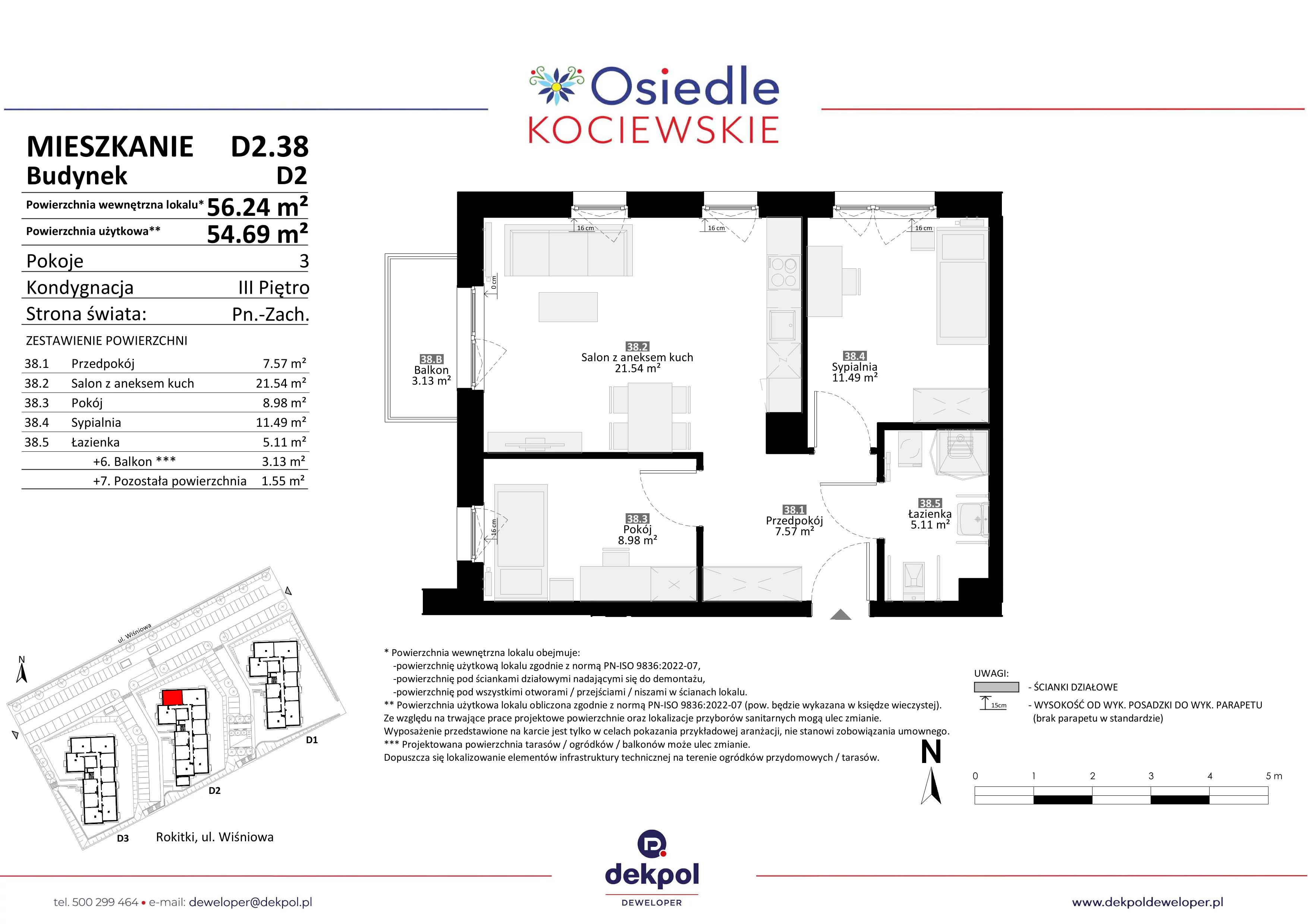 3 pokoje, mieszkanie 54,69 m², piętro 3, oferta nr D2.38, Osiedle Kociewskie III, Rokitki, ul. Tczewska