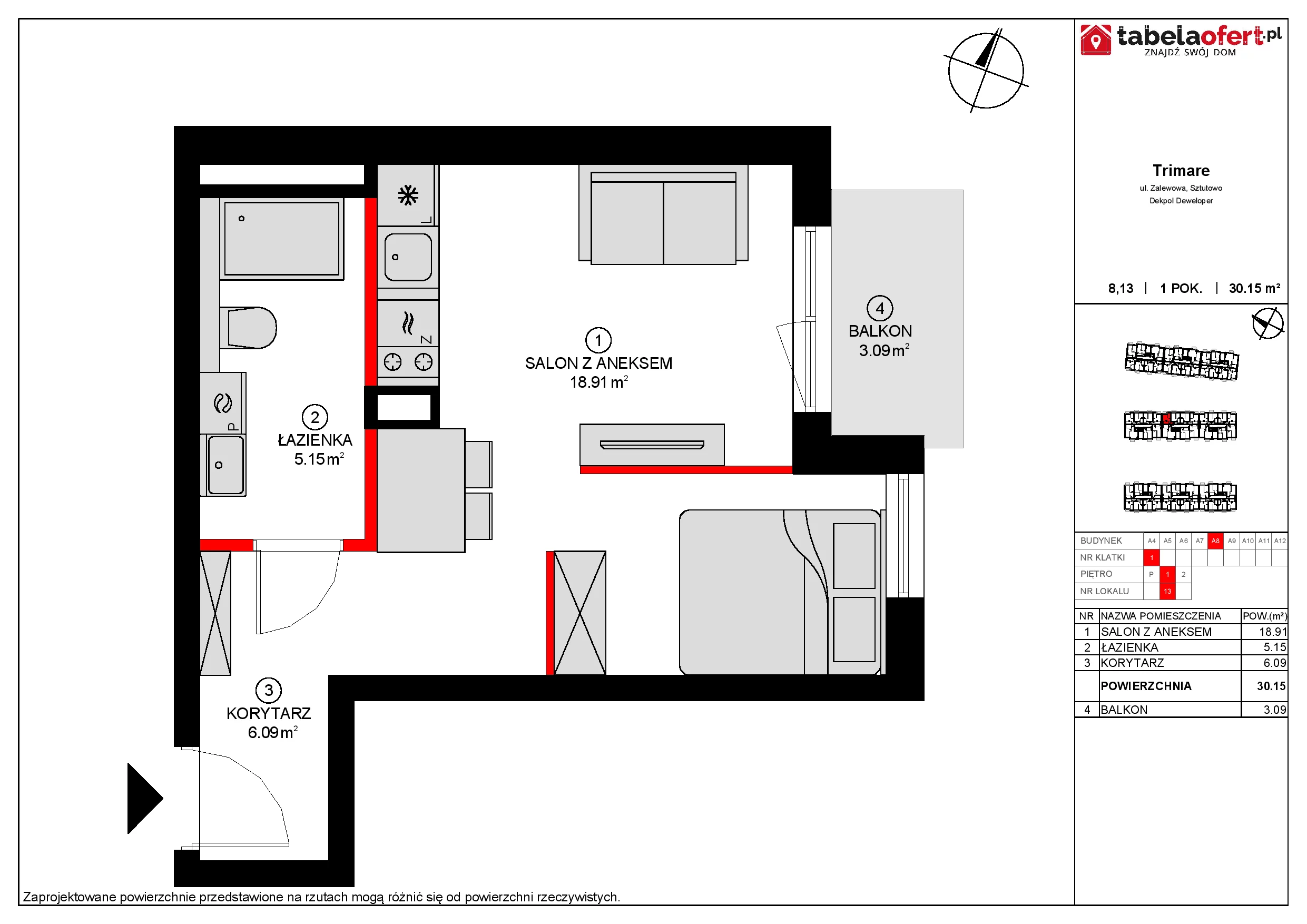1 pokój, apartament 30,83 m², piętro 1, oferta nr 8.13 (O), Trimare, Sztutowo, ul. Mierzeja Park