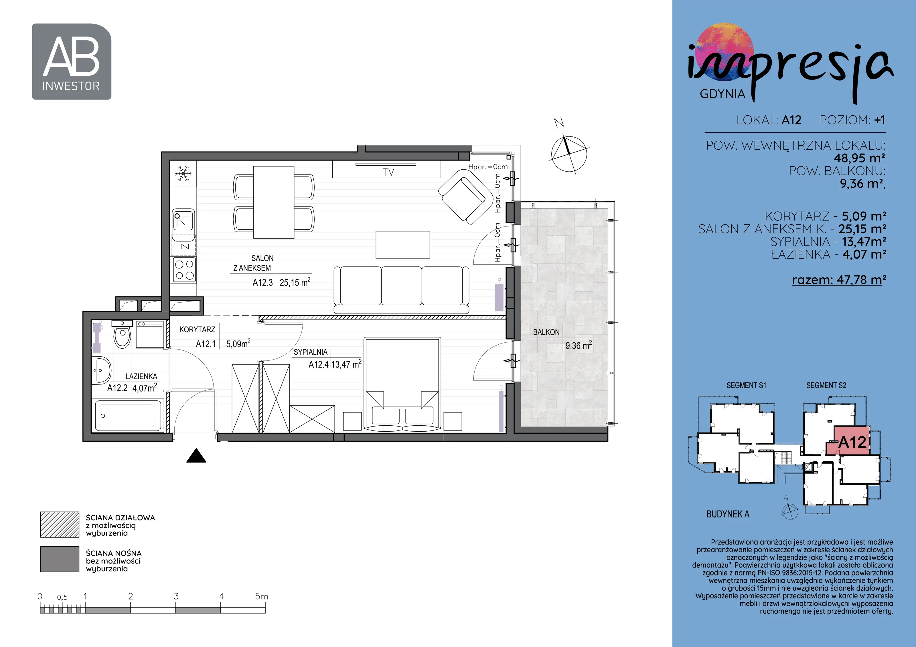 2 pokoje, apartament 48,95 m², piętro 1, oferta nr A12, Impresja, Gdynia, Mały Kack, ul. Płocka 35