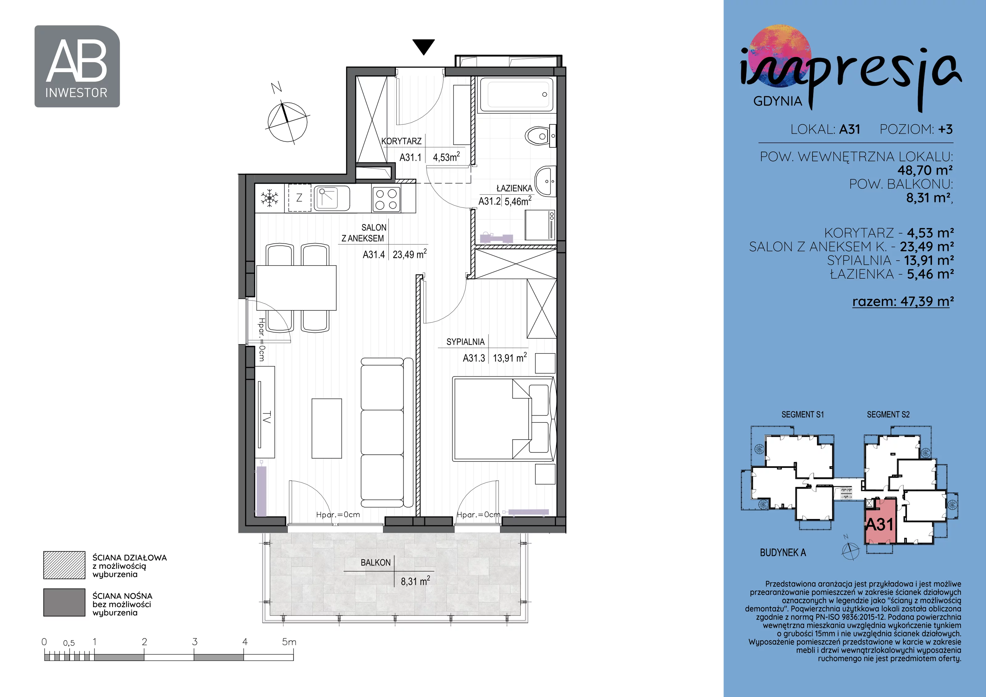 2 pokoje, apartament 48,70 m², piętro 3, oferta nr A31, Impresja, Gdynia, Mały Kack, ul. Płocka 35