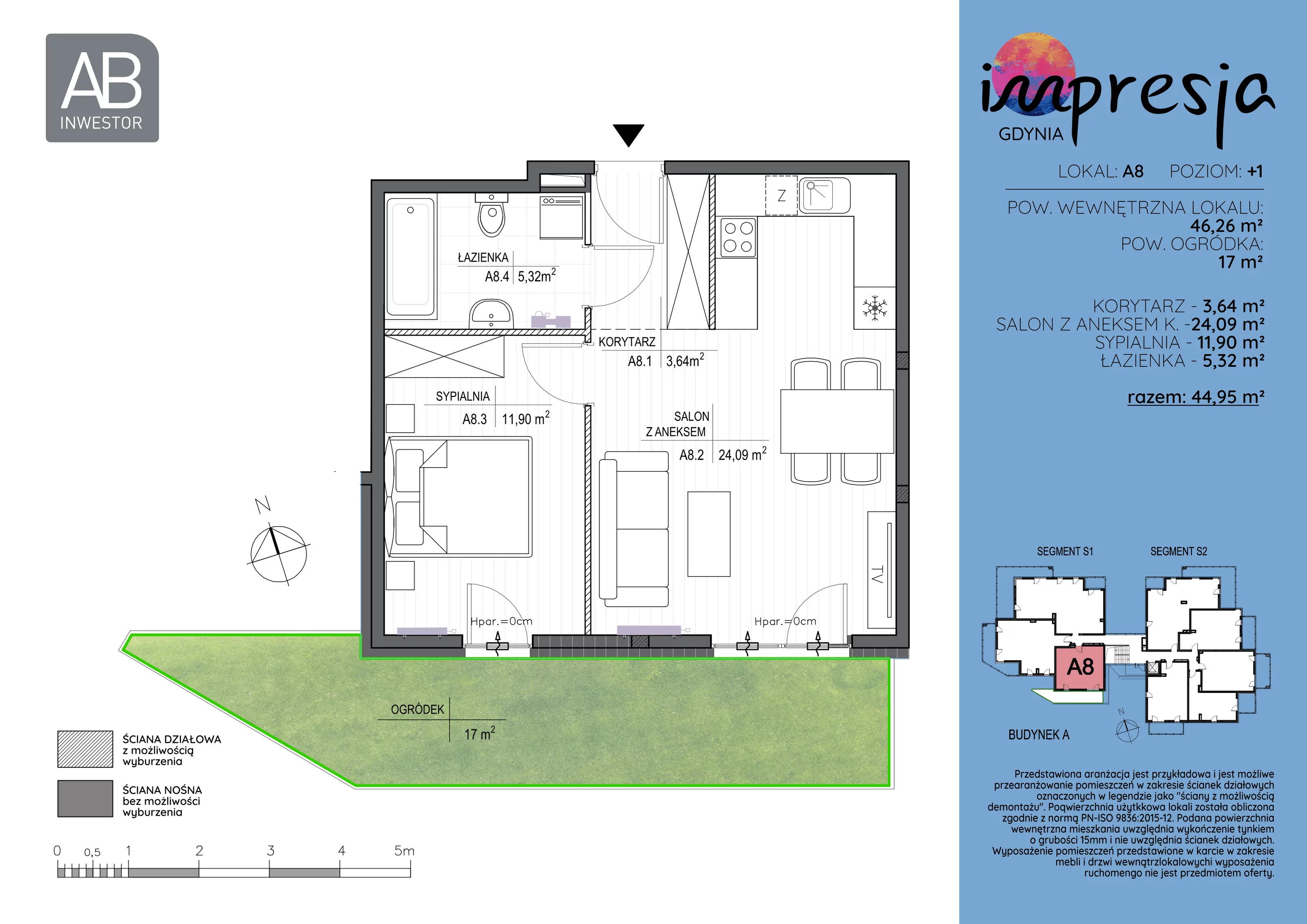 2 pokoje, apartament 46,26 m², piętro 1, oferta nr A8, Impresja, Gdynia, Mały Kack, ul. Płocka 35