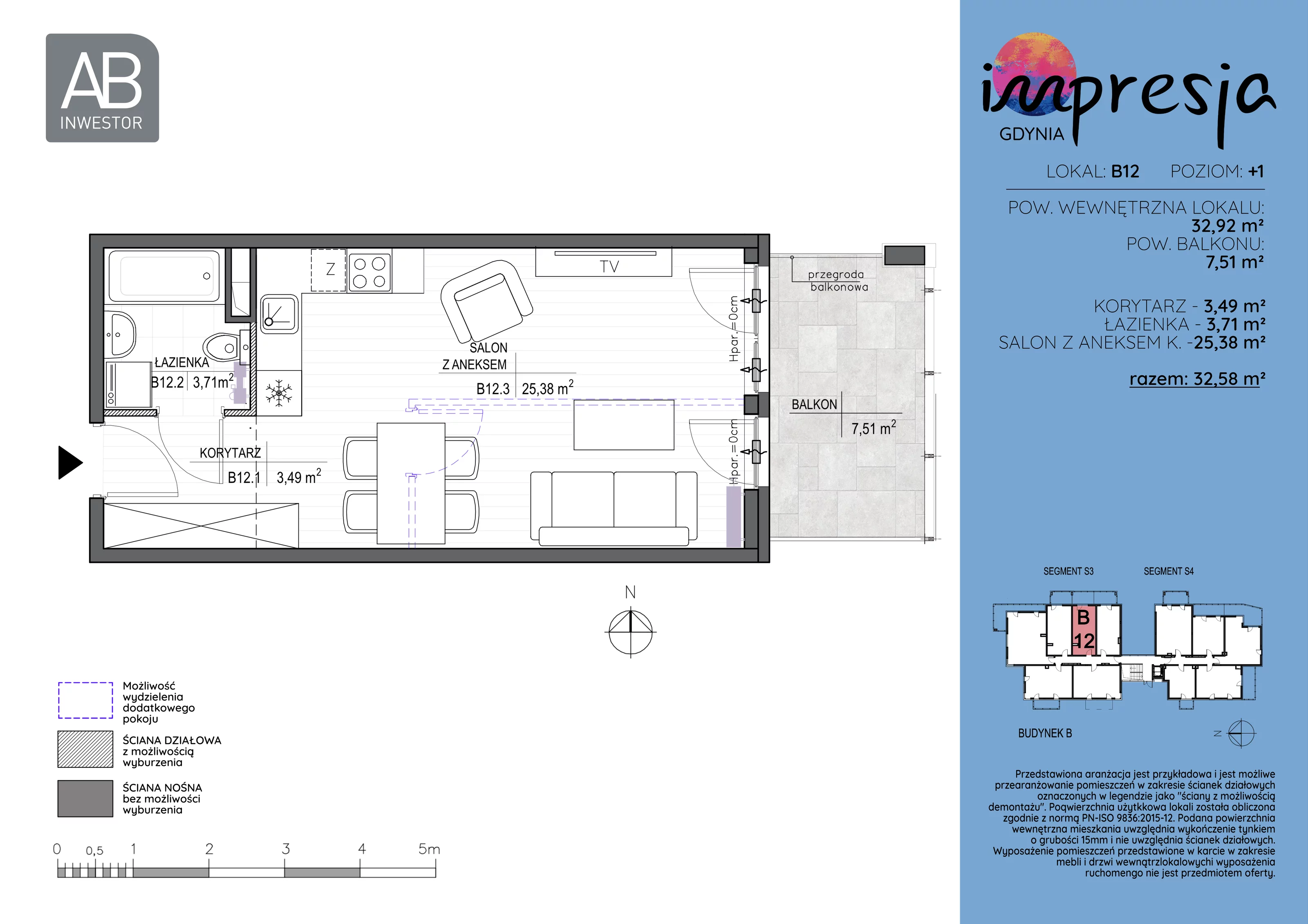 1 pokój, apartament 32,92 m², piętro 1, oferta nr B12, Impresja, Gdynia, Mały Kack, ul. Płocka 35