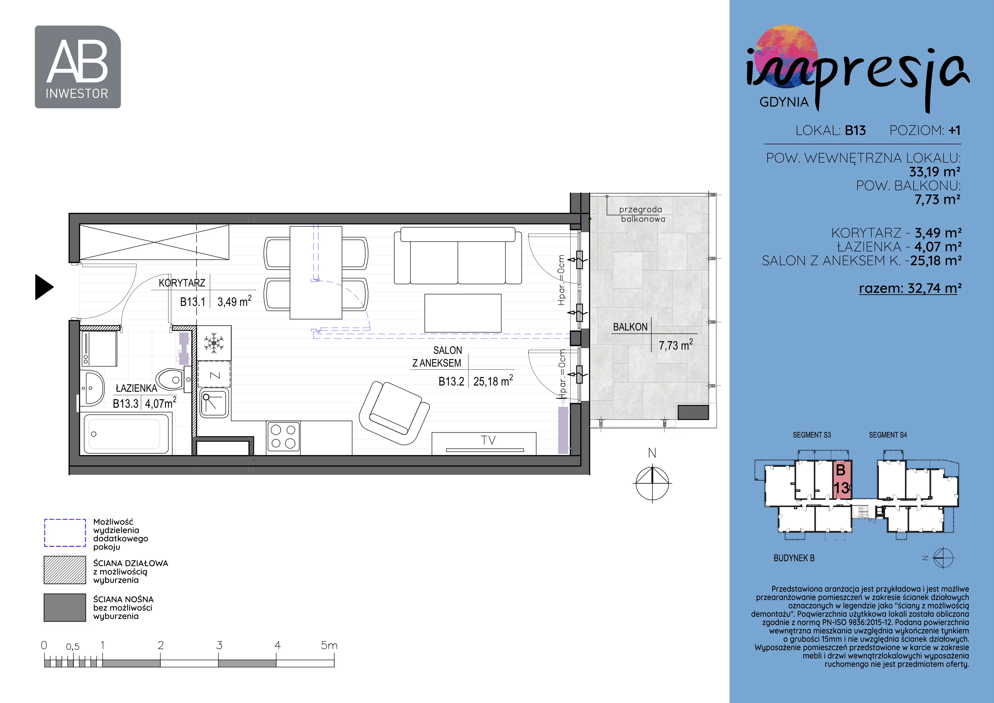 1 pokój, apartament 33,19 m², piętro 1, oferta nr B13, Impresja, Gdynia, Mały Kack, ul. Płocka 35