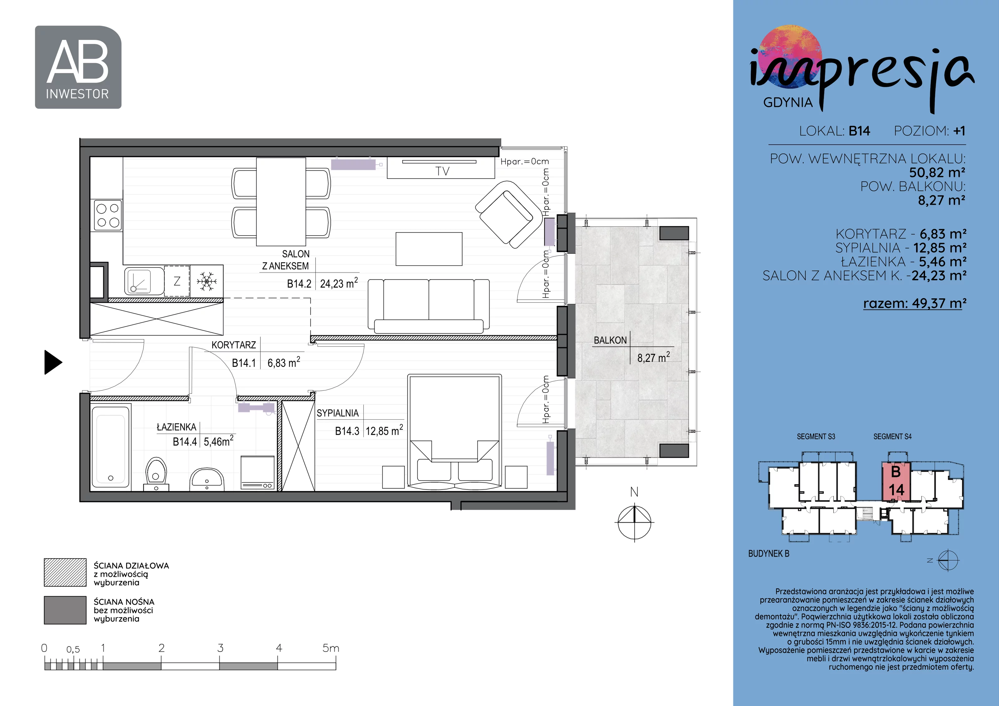2 pokoje, apartament 50,82 m², piętro 1, oferta nr B14, Impresja, Gdynia, Mały Kack, ul. Płocka 35