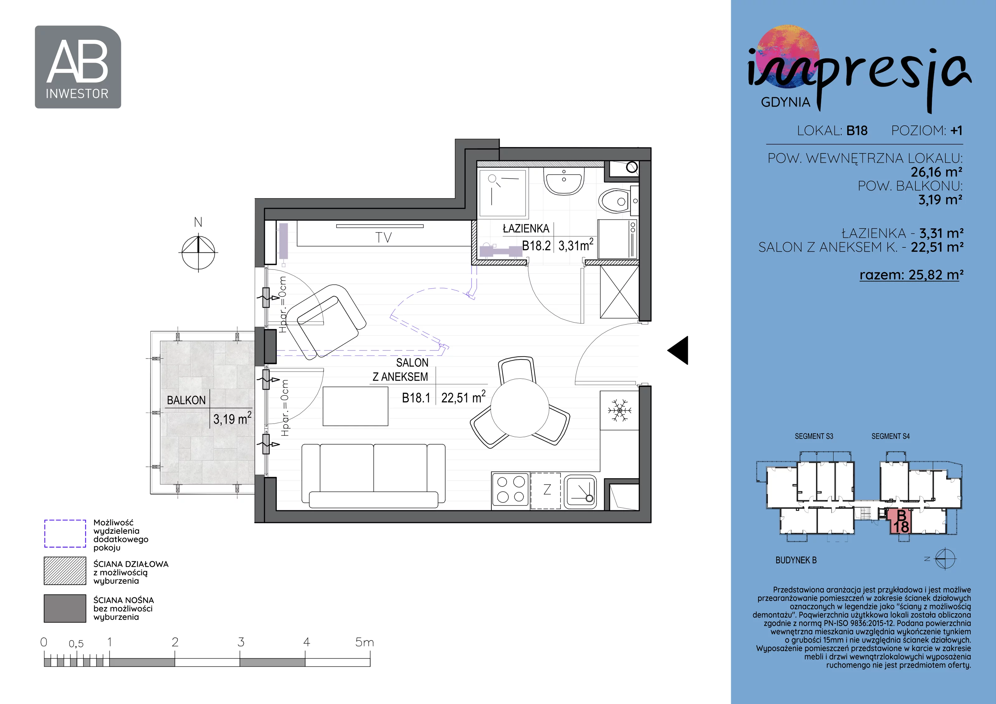 1 pokój, apartament 26,16 m², piętro 1, oferta nr B18, Impresja, Gdynia, Mały Kack, ul. Płocka 35