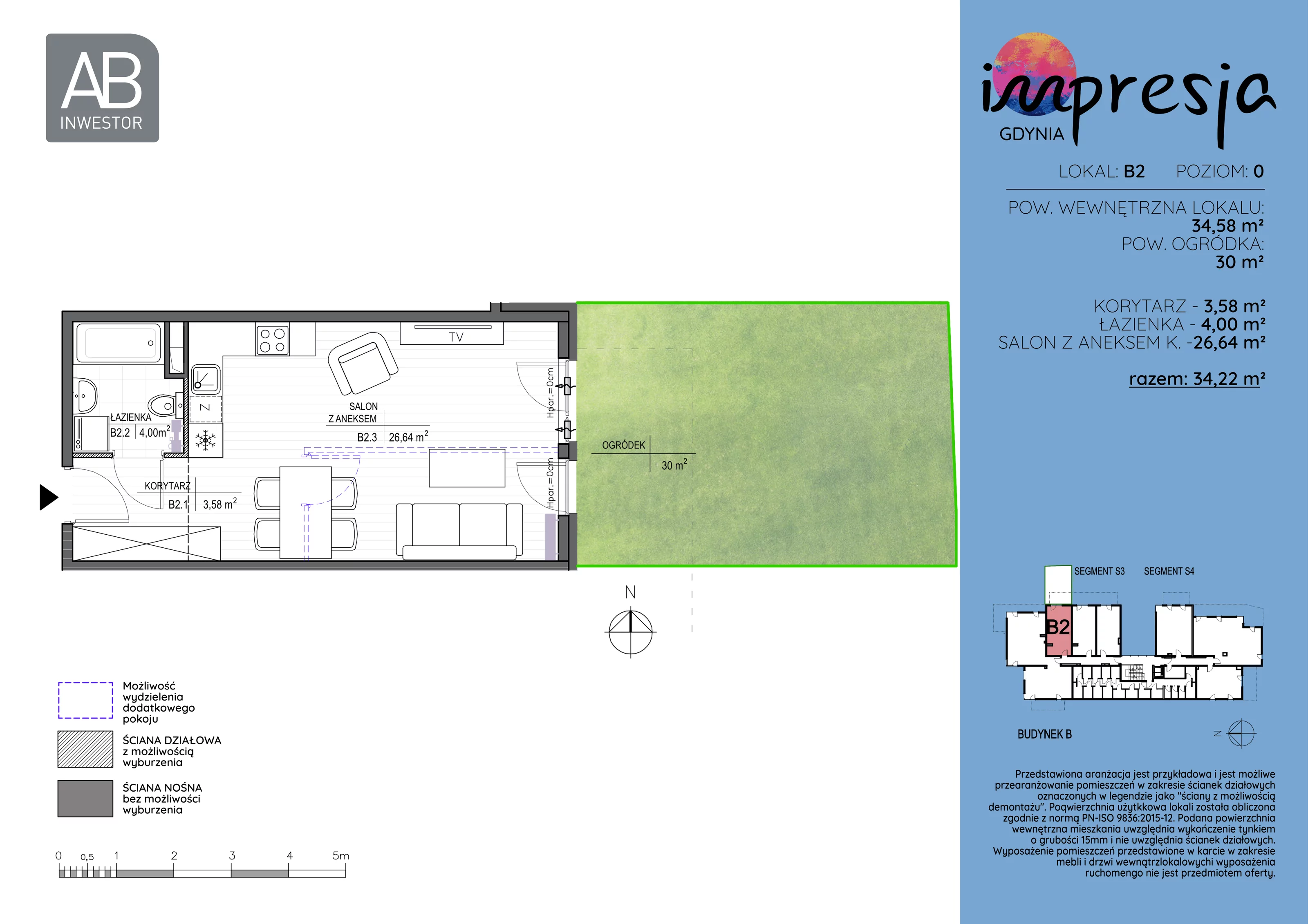 1 pokój, apartament 34,58 m², parter, oferta nr B2, Impresja, Gdynia, Mały Kack, ul. Płocka 35