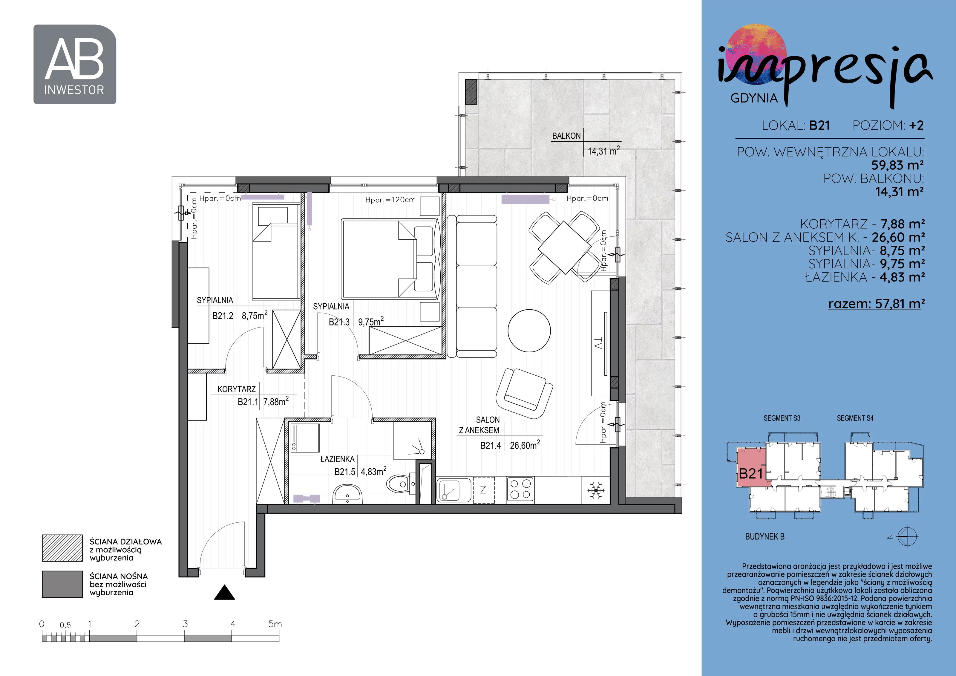 3 pokoje, apartament 59,83 m², piętro 2, oferta nr B21, Impresja, Gdynia, Mały Kack, ul. Płocka 35