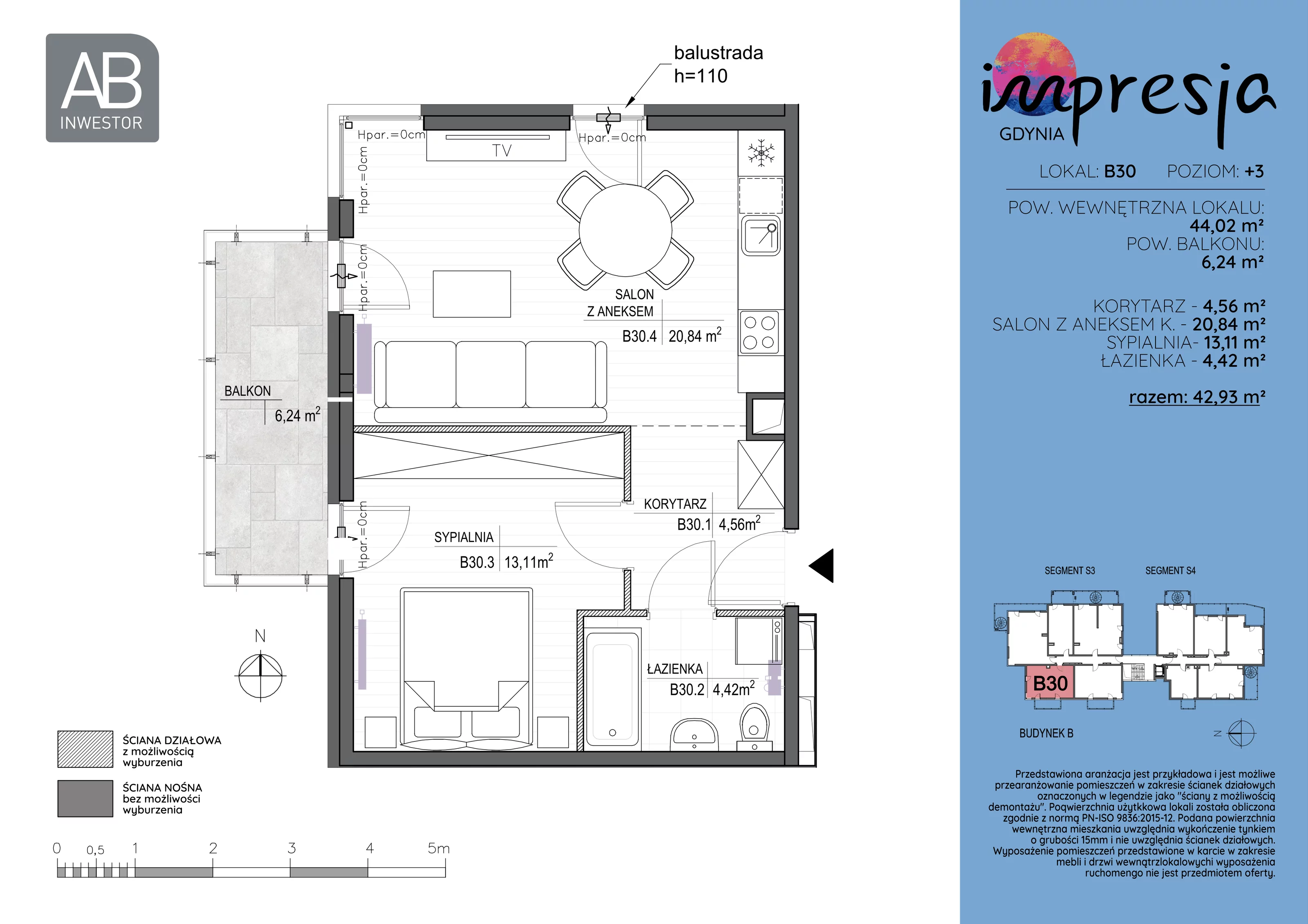 2 pokoje, apartament 44,02 m², piętro 3, oferta nr B30, Impresja, Gdynia, Mały Kack, ul. Płocka 35