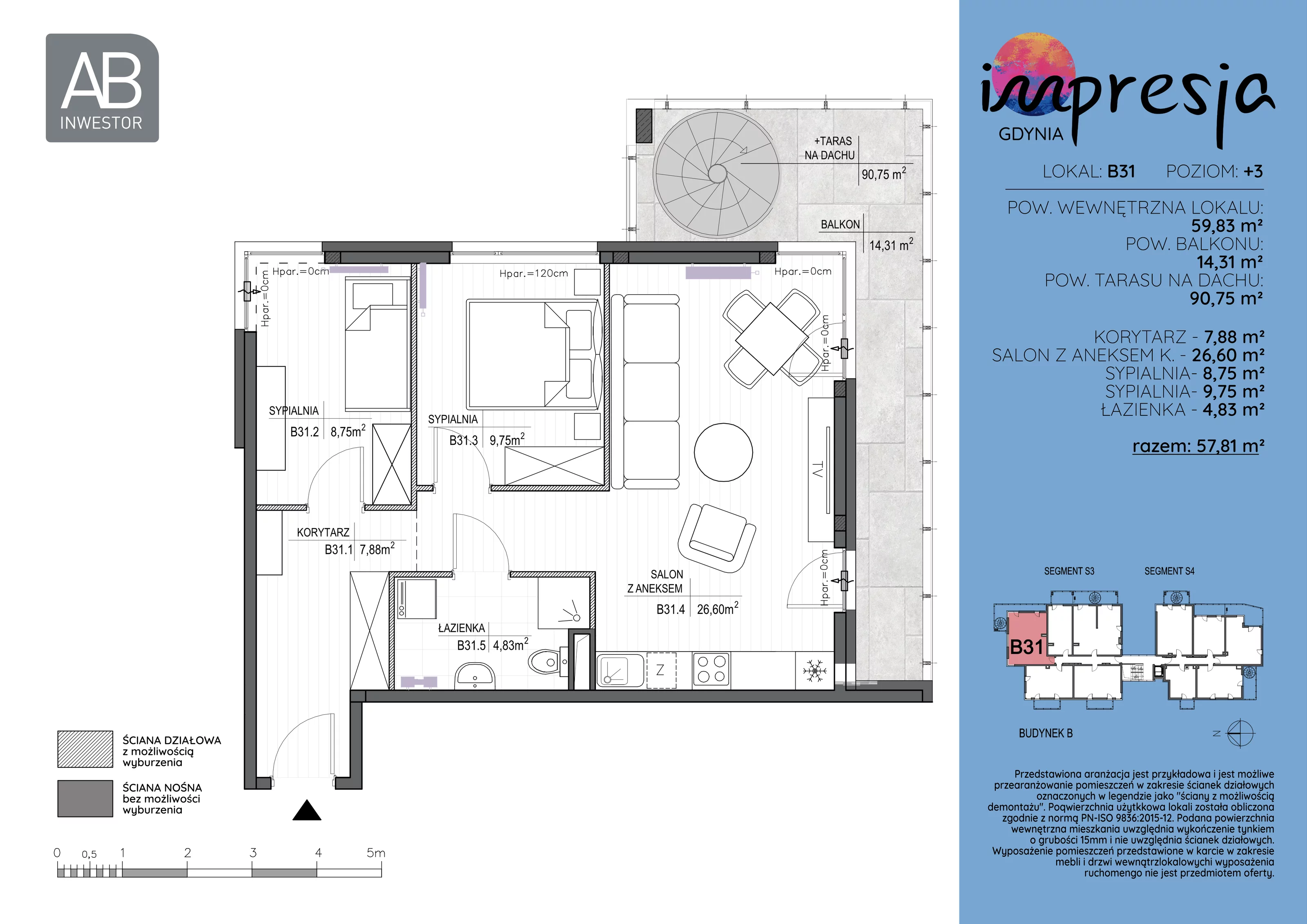 3 pokoje, apartament 59,83 m², piętro 3, oferta nr B31, Impresja, Gdynia, Mały Kack, ul. Płocka 35