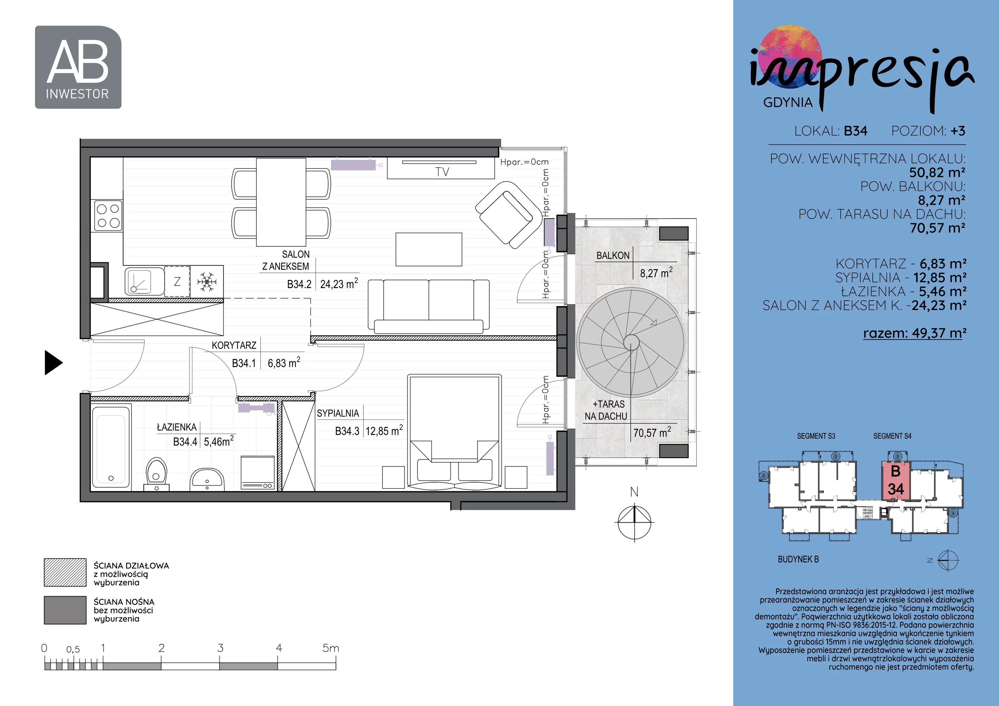 2 pokoje, apartament 50,82 m², piętro 3, oferta nr B34, Impresja, Gdynia, Mały Kack, ul. Płocka 35