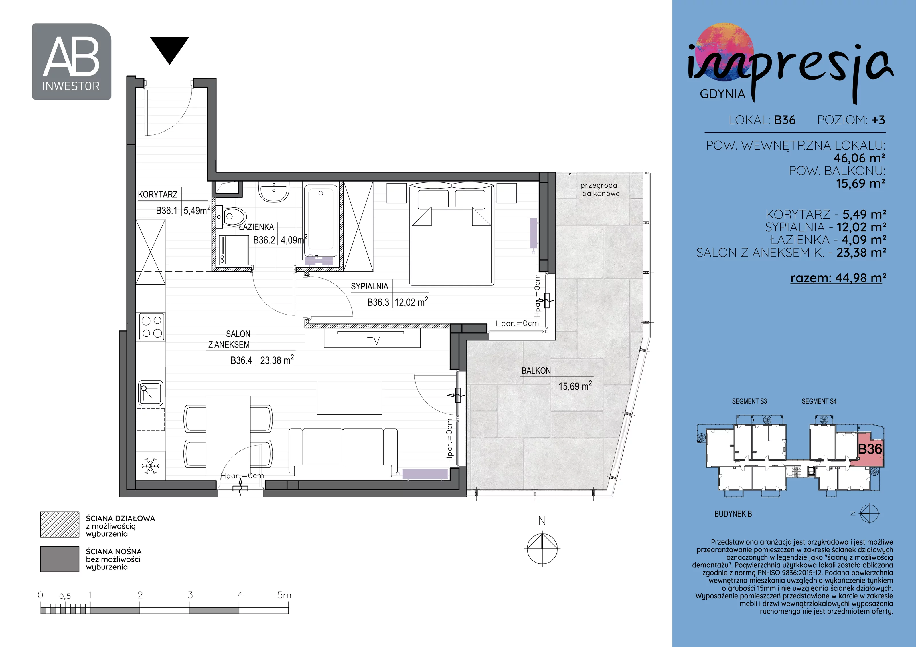 2 pokoje, apartament 46,06 m², piętro 3, oferta nr B36, Impresja, Gdynia, Mały Kack, ul. Płocka 35