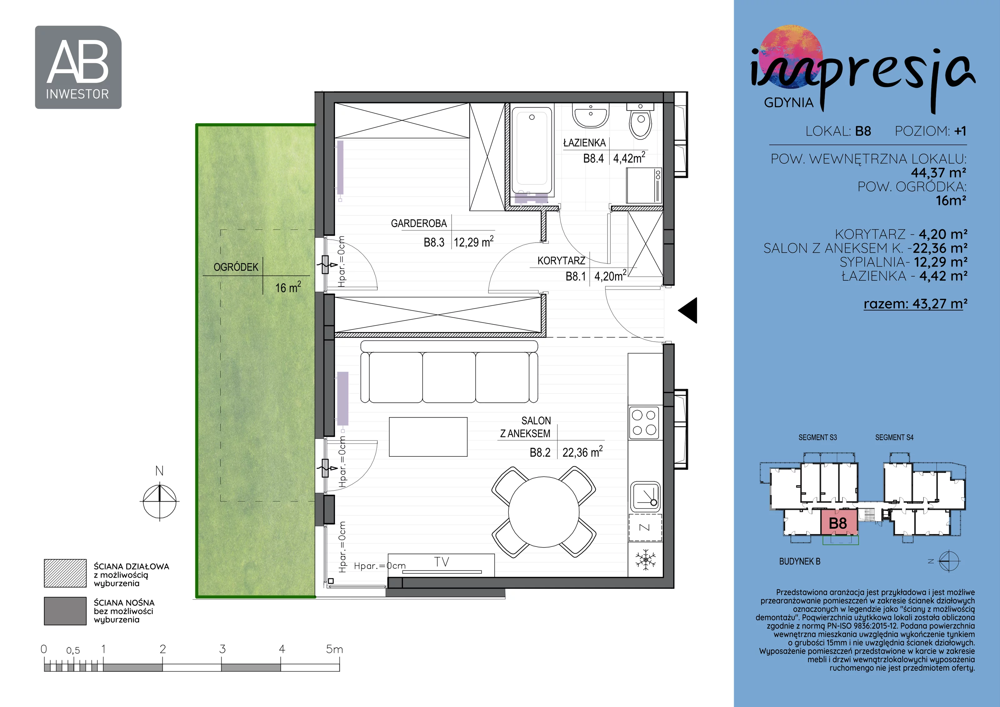2 pokoje, apartament 44,37 m², piętro 1, oferta nr B8, Impresja, Gdynia, Mały Kack, ul. Płocka 35