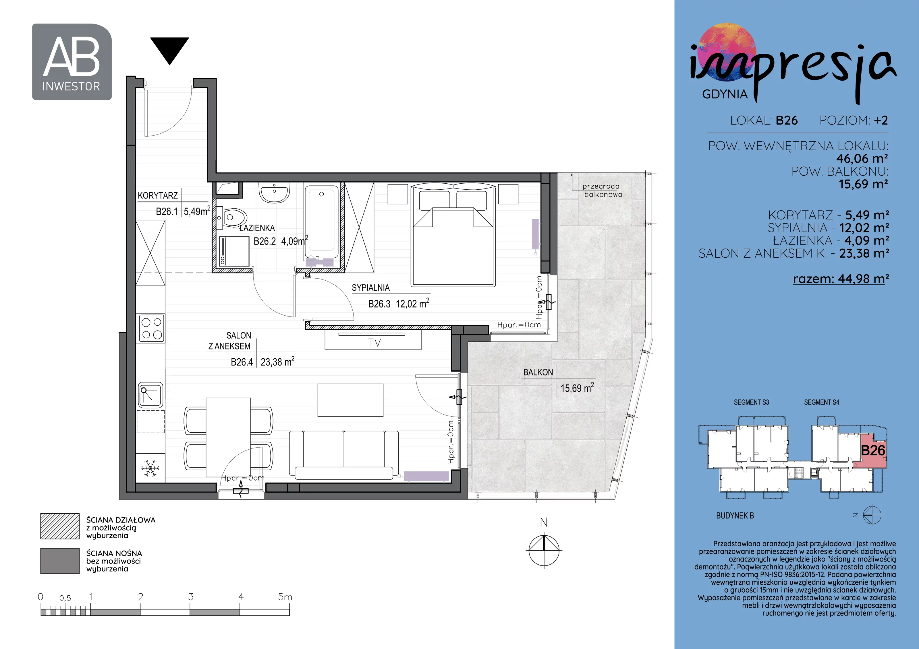 2 pokoje, apartament 46,06 m², piętro 2, oferta nr B26, Impresja, Gdynia, Mały Kack, ul. Płocka 35