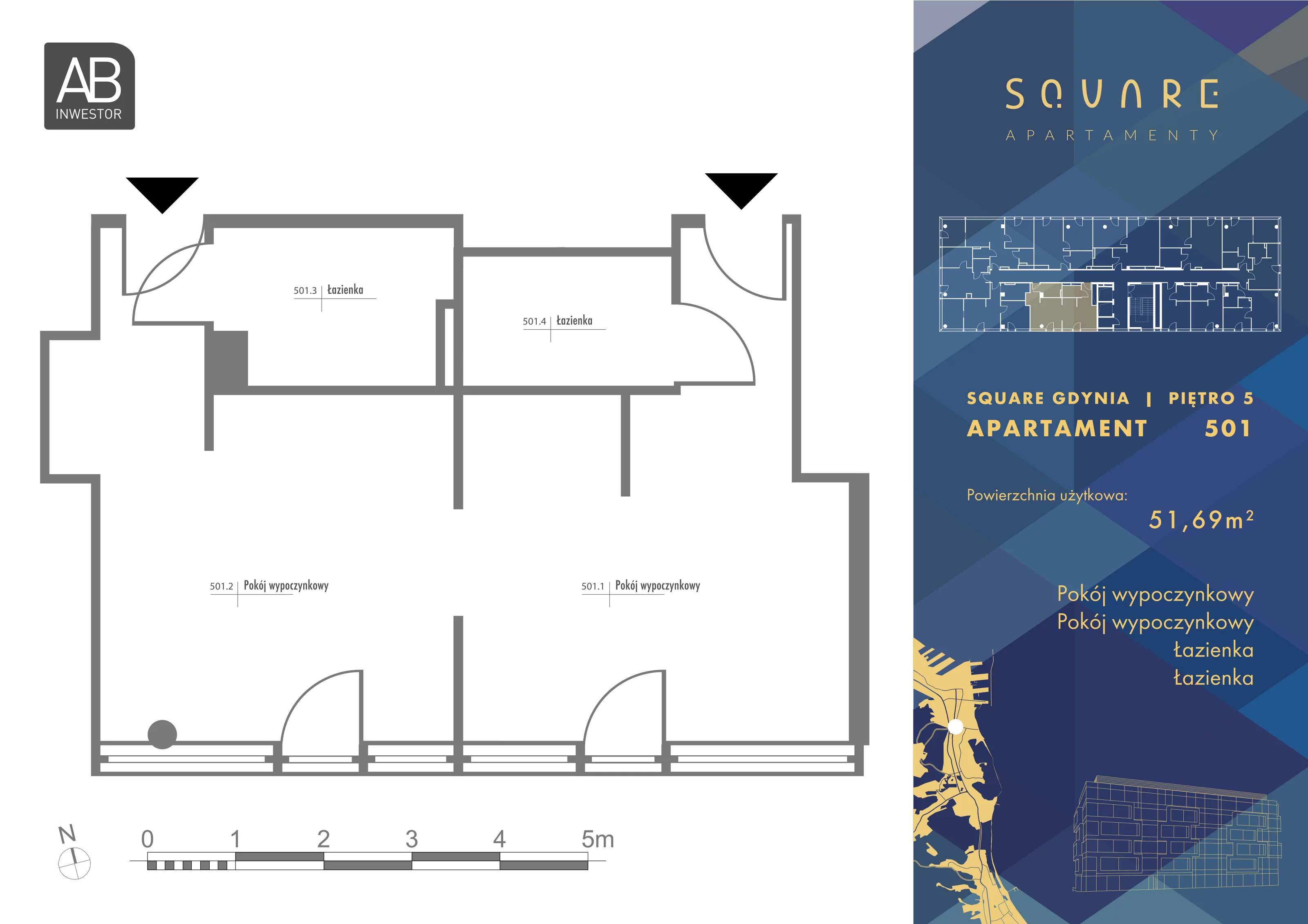 2 pokoje, mieszkanie 51,69 m², piętro 5, oferta nr 501, SQUARE, Gdynia, Śródmieście, Wzgórze Św. Maksymiliana, ul. Partyzantów 46