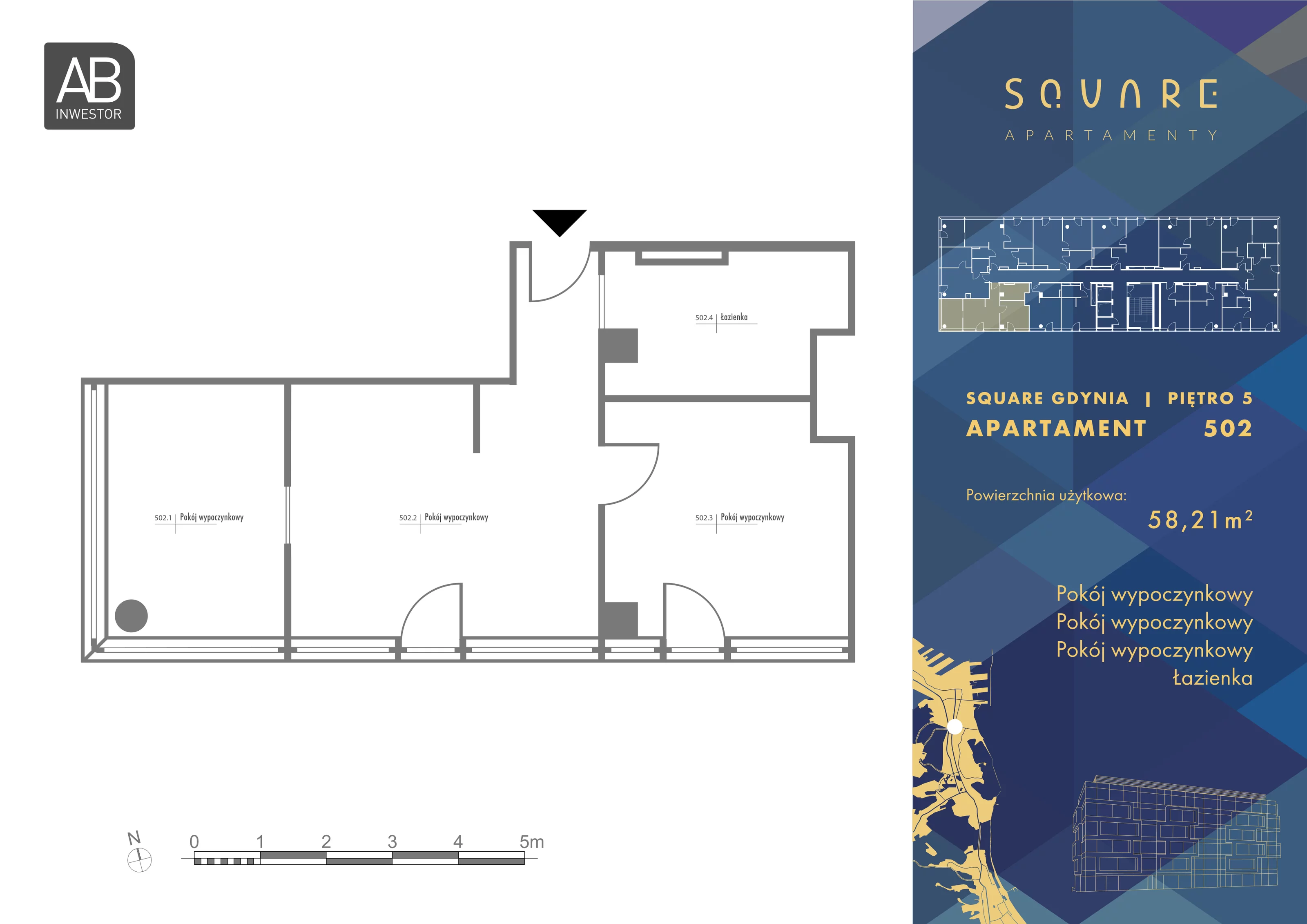 3 pokoje, mieszkanie 58,21 m², piętro 5, oferta nr 502, SQUARE, Gdynia, Śródmieście, Wzgórze Św. Maksymiliana, ul. Partyzantów 46