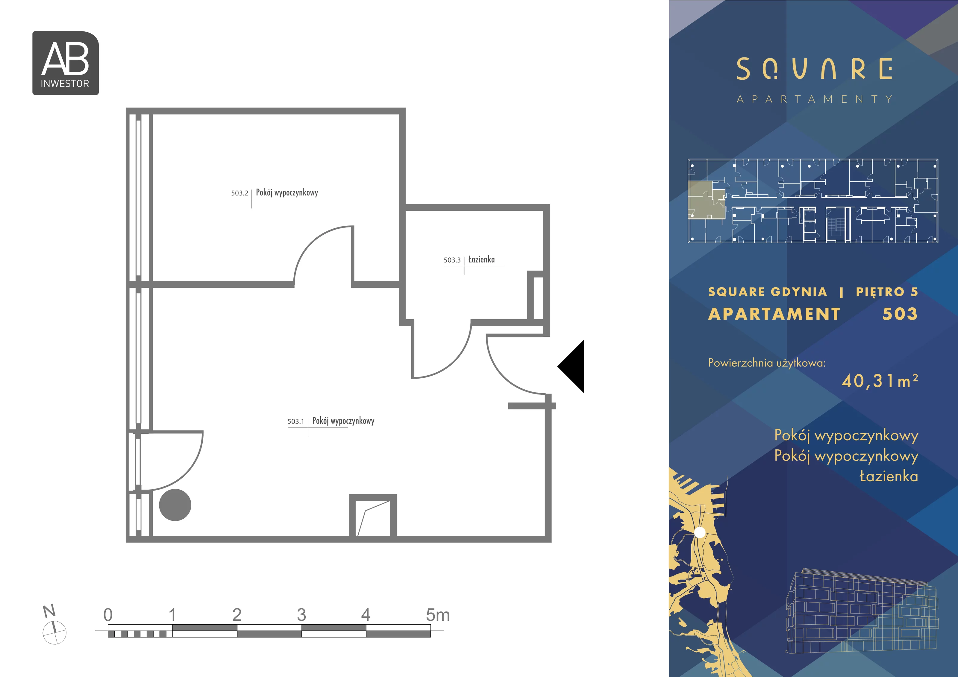 2 pokoje, mieszkanie 40,31 m², piętro 5, oferta nr 503, SQUARE, Gdynia, Śródmieście, Wzgórze Św. Maksymiliana, ul. Partyzantów 46