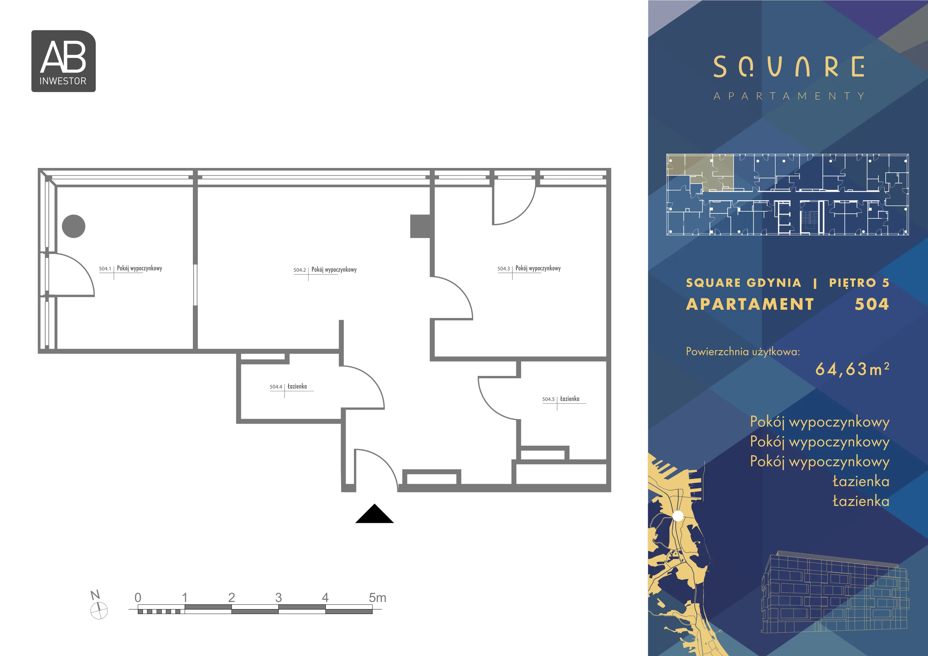 3 pokoje, mieszkanie 64,63 m², piętro 5, oferta nr 504, SQUARE, Gdynia, Śródmieście, Wzgórze Św. Maksymiliana, ul. Partyzantów 46