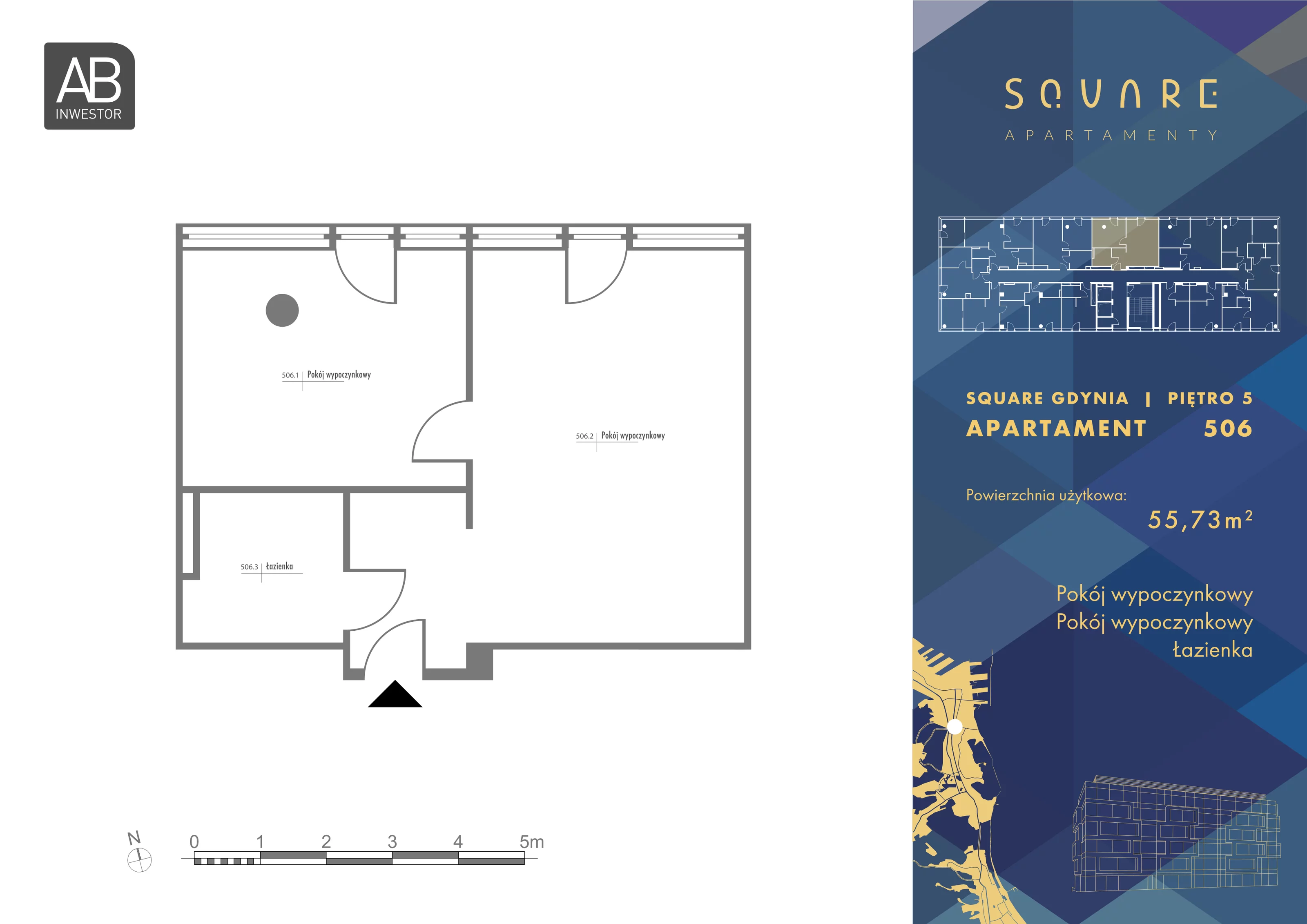 2 pokoje, mieszkanie 55,73 m², piętro 5, oferta nr 506, SQUARE, Gdynia, Śródmieście, Wzgórze Św. Maksymiliana, ul. Partyzantów 46