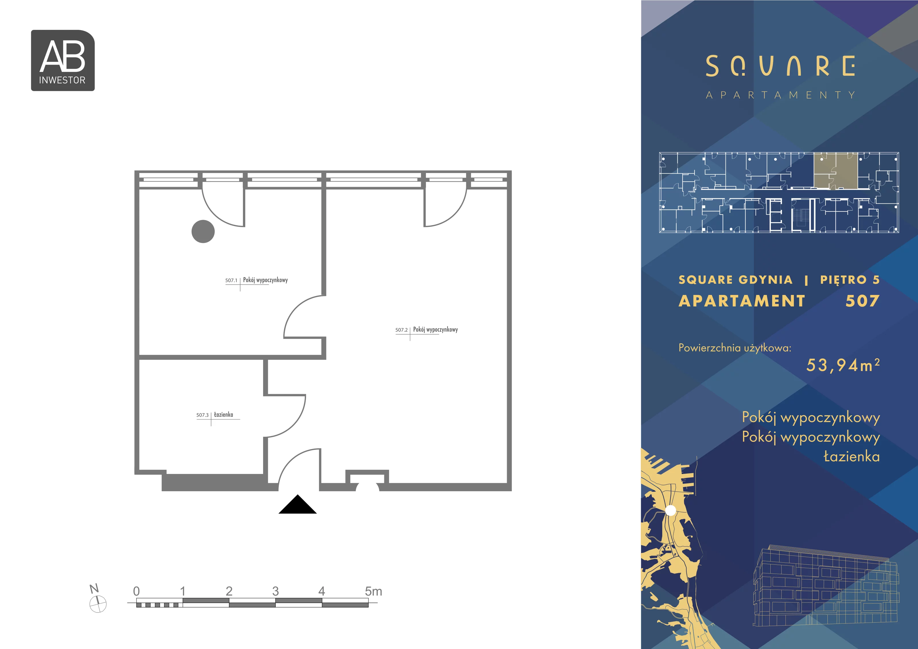 2 pokoje, mieszkanie 53,94 m², piętro 5, oferta nr 507, SQUARE, Gdynia, Śródmieście, Wzgórze Św. Maksymiliana, ul. Partyzantów 46