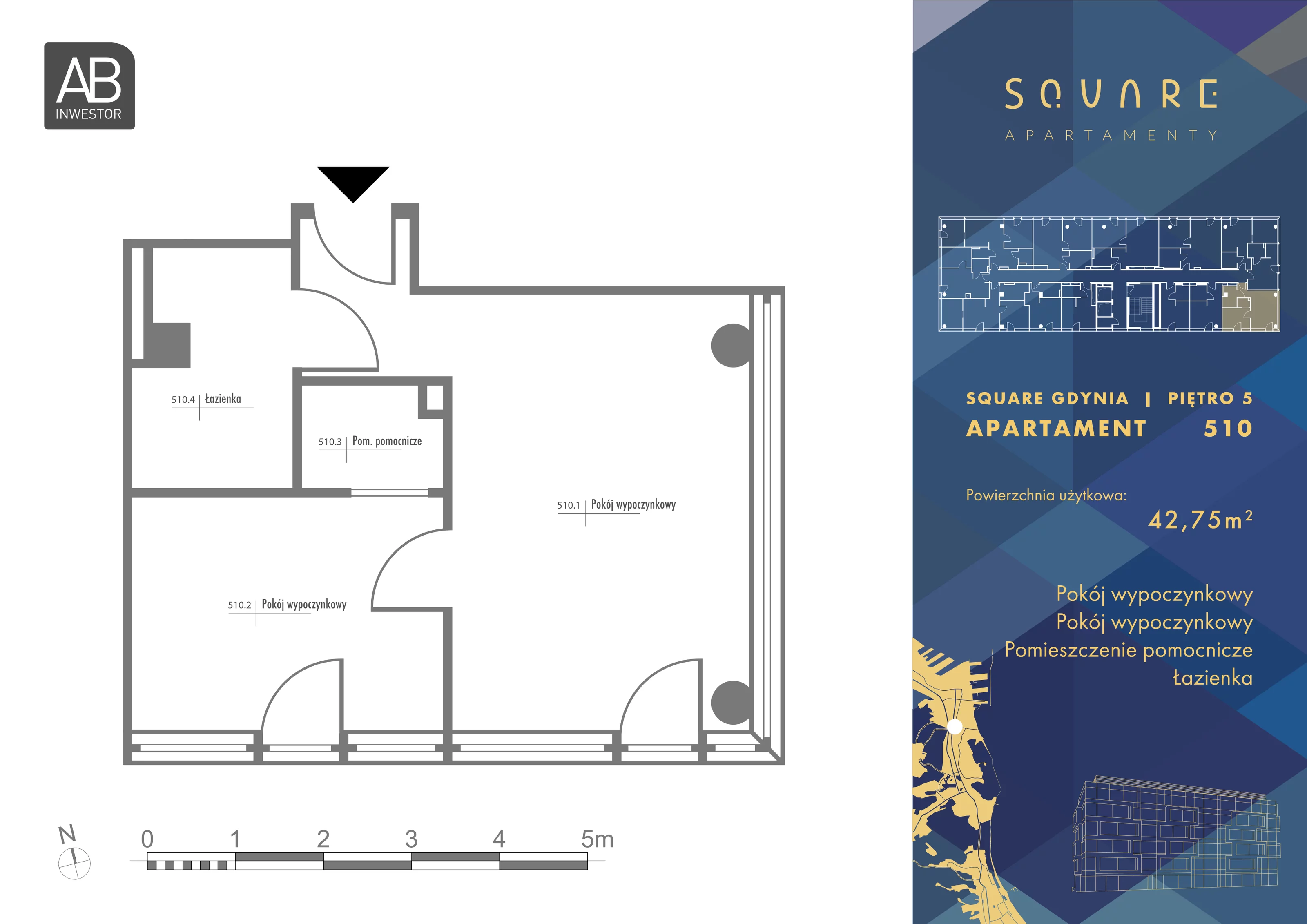 2 pokoje, mieszkanie 42,75 m², piętro 5, oferta nr 510, SQUARE, Gdynia, Śródmieście, Wzgórze Św. Maksymiliana, ul. Partyzantów 46