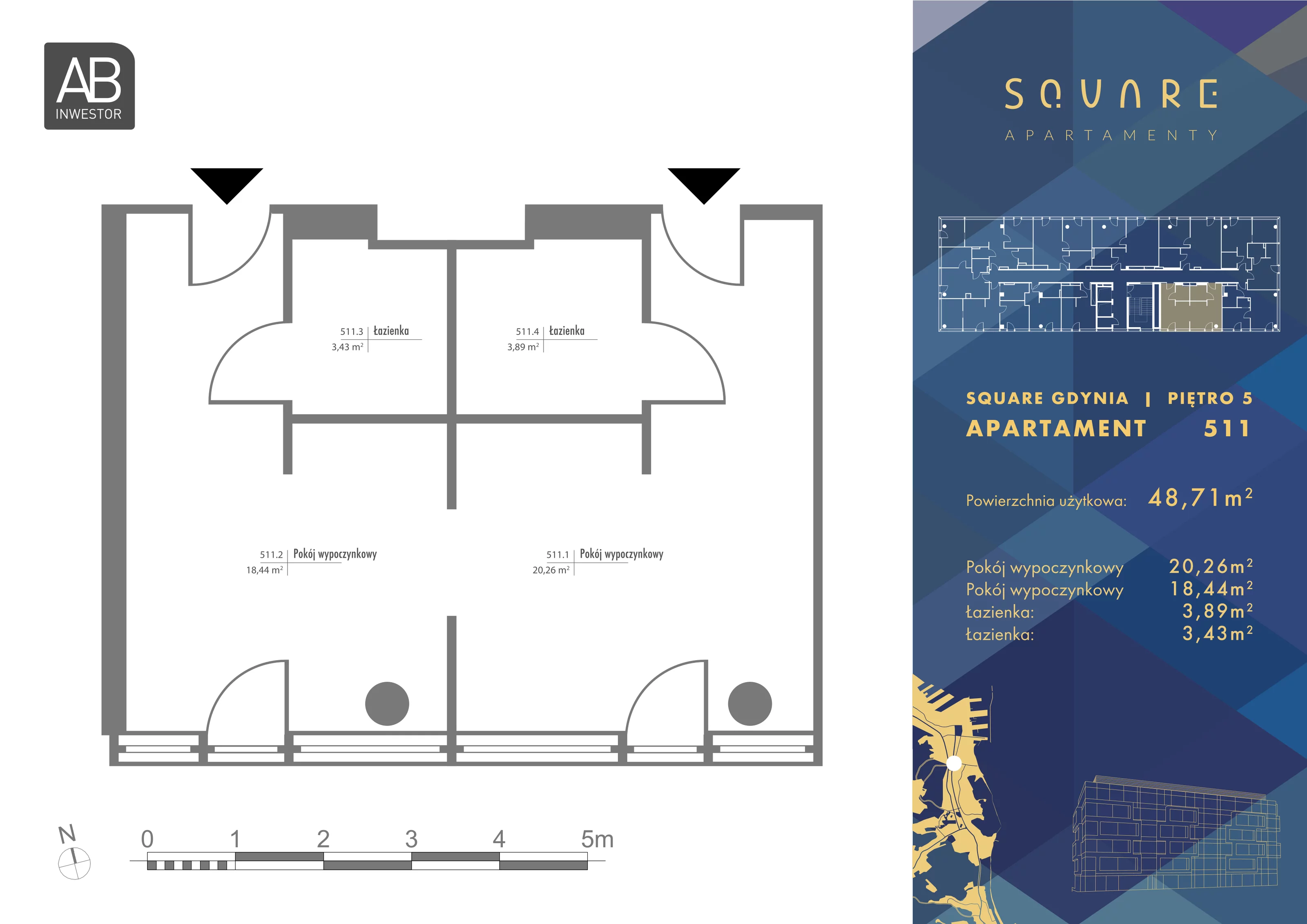 2 pokoje, mieszkanie 48,71 m², piętro 5, oferta nr 511, SQUARE, Gdynia, Śródmieście, Wzgórze Św. Maksymiliana, ul. Partyzantów 46