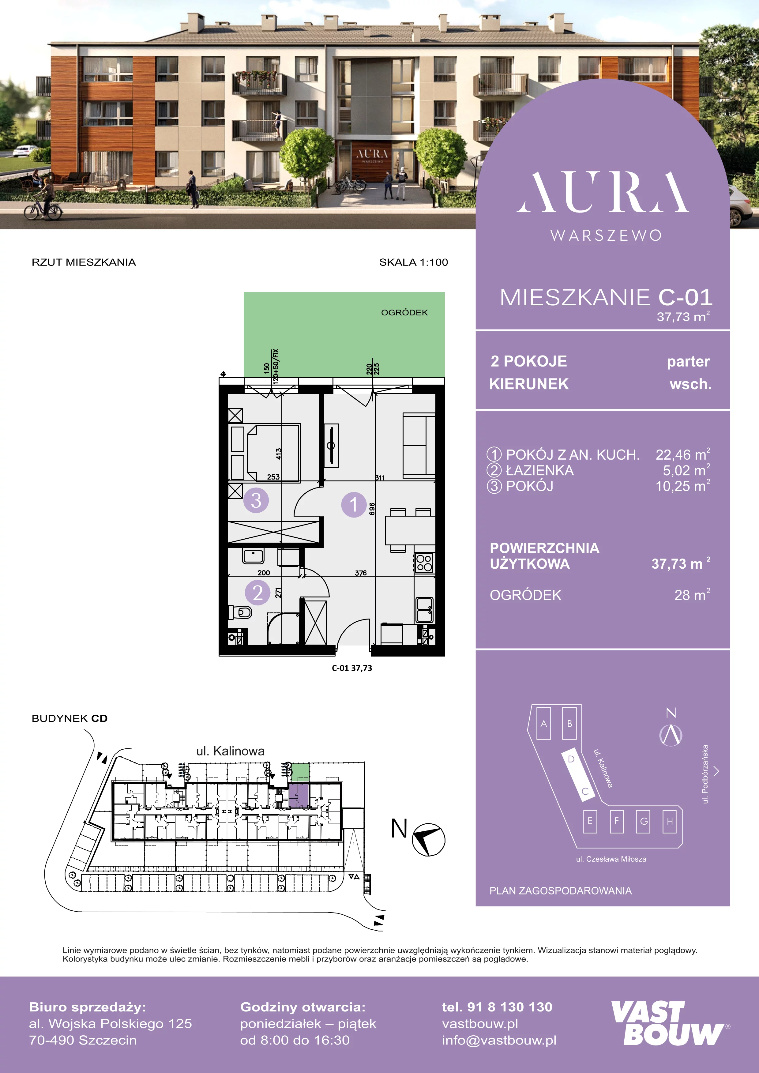 2 pokoje, mieszkanie 37,73 m², parter, oferta nr C-01, AURA WARSZEWO, Szczecin, Północ, Warszewo, ul. Kalinowa