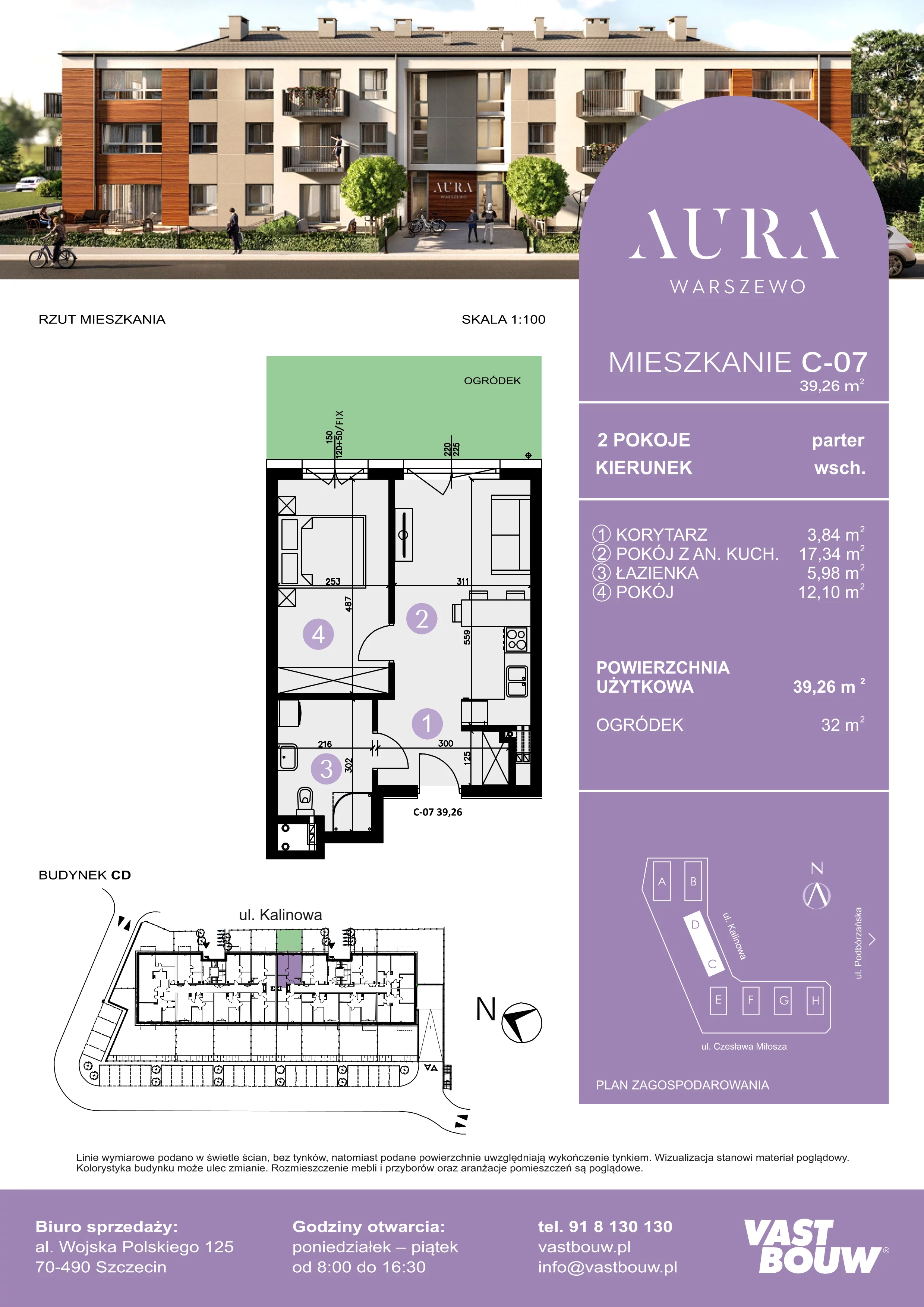 2 pokoje, mieszkanie 39,26 m², parter, oferta nr C-07, AURA WARSZEWO, Szczecin, Północ, Warszewo, ul. Kalinowa