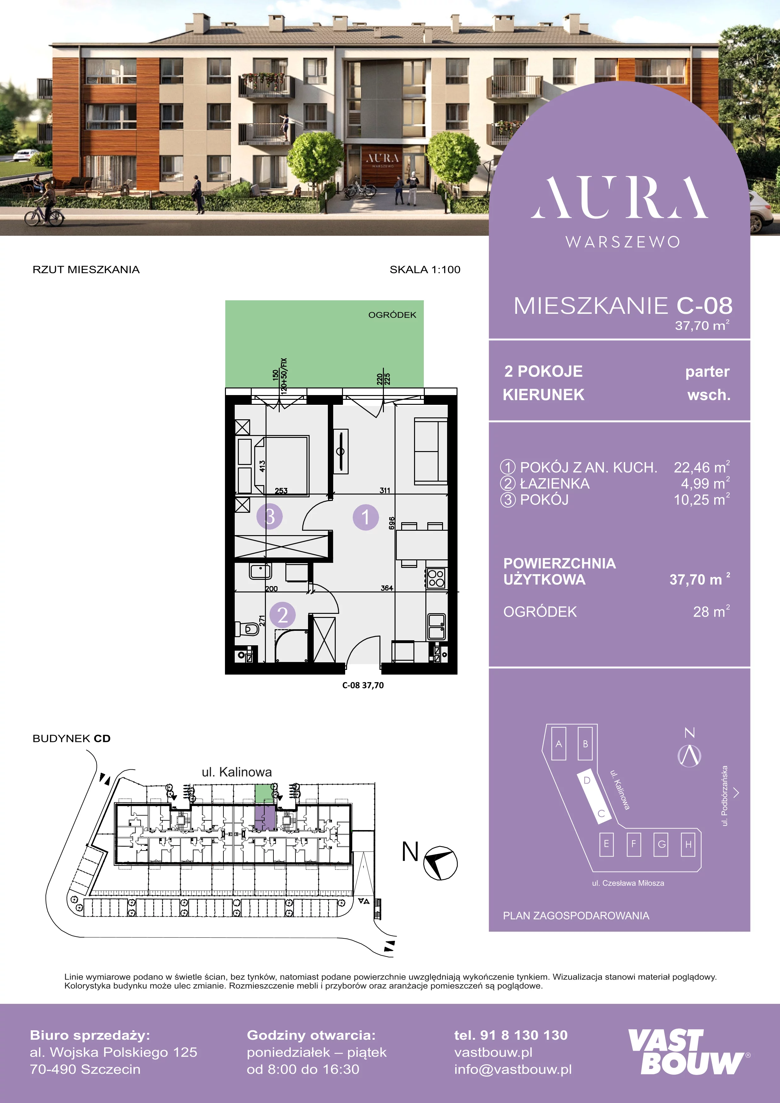 2 pokoje, mieszkanie 37,70 m², parter, oferta nr C-08, AURA WARSZEWO, Szczecin, Północ, Warszewo, ul. Kalinowa