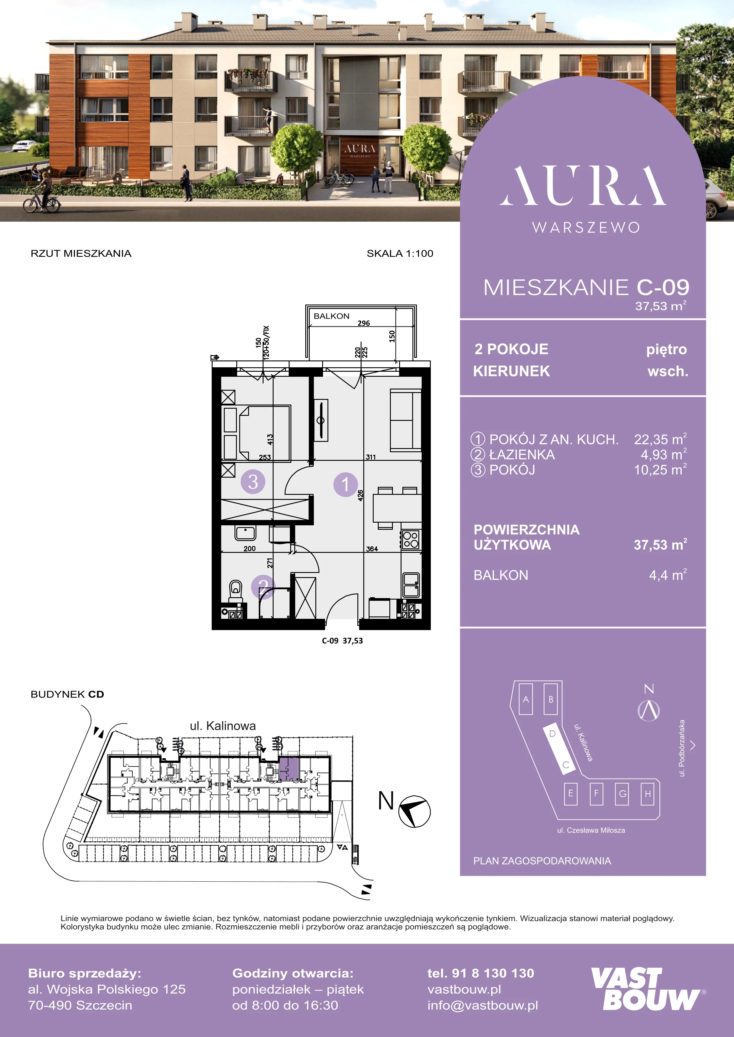 2 pokoje, mieszkanie 37,53 m², piętro 1, oferta nr C-09, AURA WARSZEWO, Szczecin, Północ, Warszewo, ul. Kalinowa