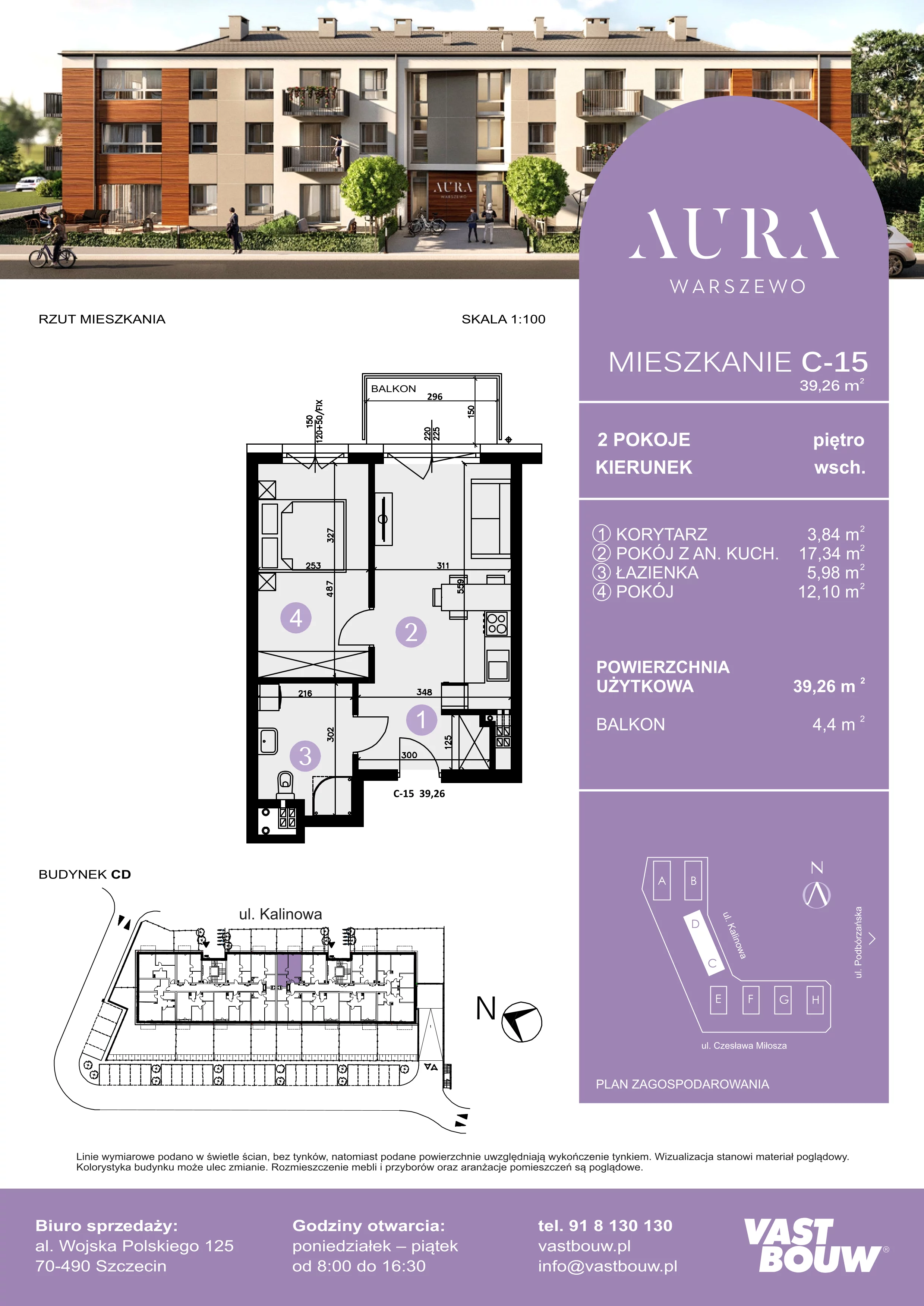 2 pokoje, mieszkanie 39,26 m², piętro 1, oferta nr C-15, AURA WARSZEWO, Szczecin, Północ, Warszewo, ul. Kalinowa