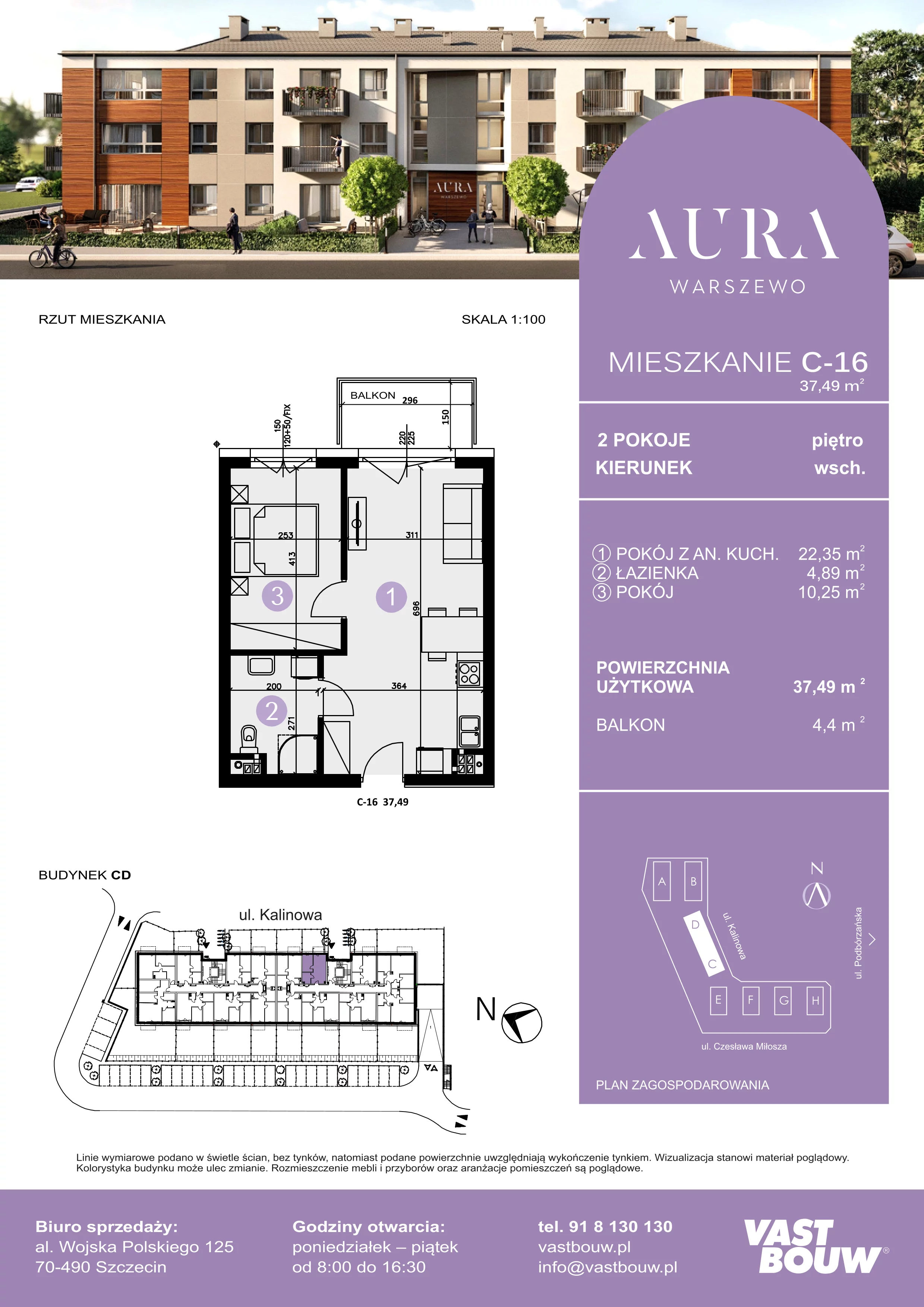 2 pokoje, mieszkanie 37,49 m², piętro 1, oferta nr C-16, AURA WARSZEWO, Szczecin, Północ, Warszewo, ul. Kalinowa