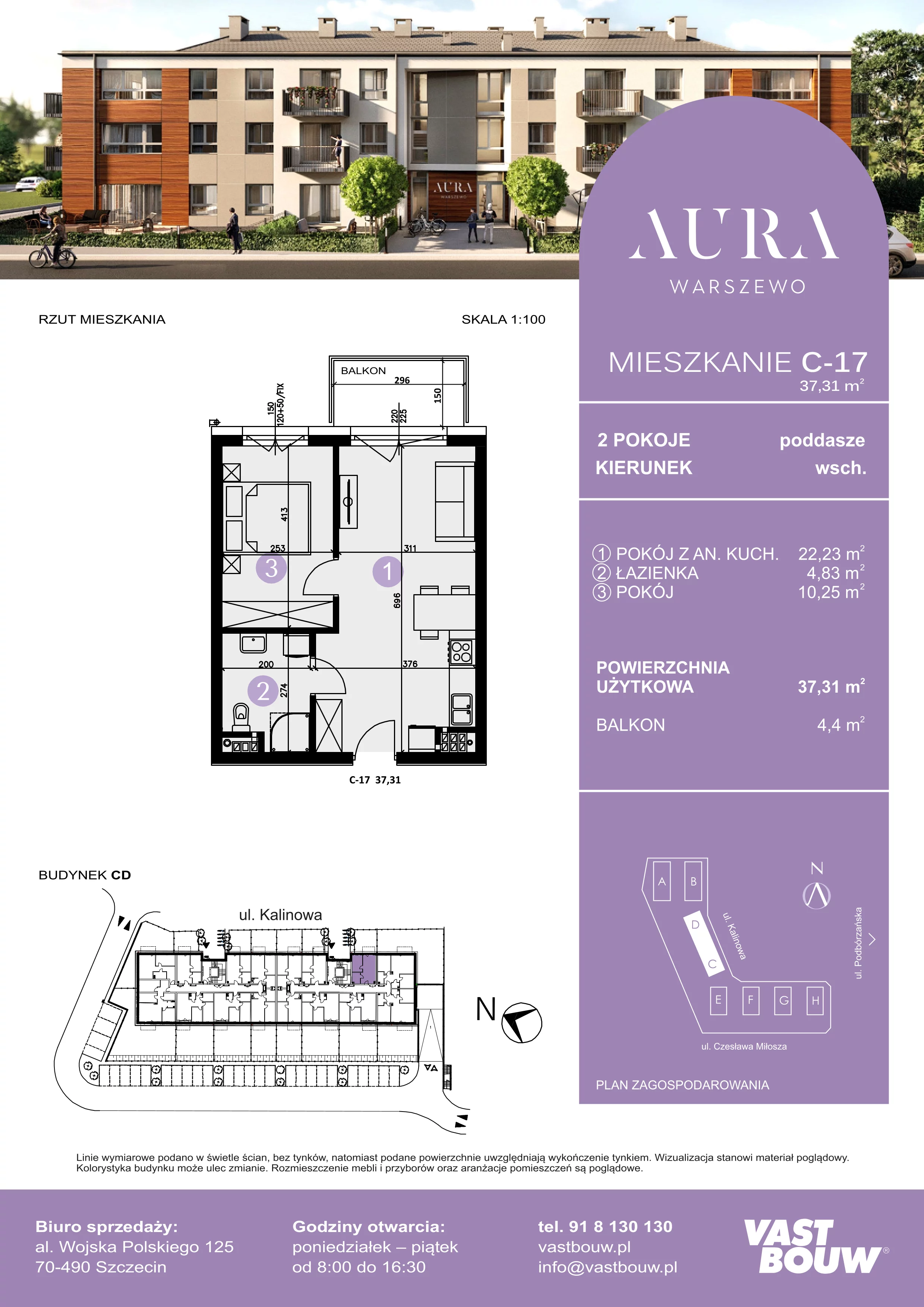 2 pokoje, mieszkanie 37,31 m², piętro 2, oferta nr C-17, AURA WARSZEWO, Szczecin, Północ, Warszewo, ul. Kalinowa