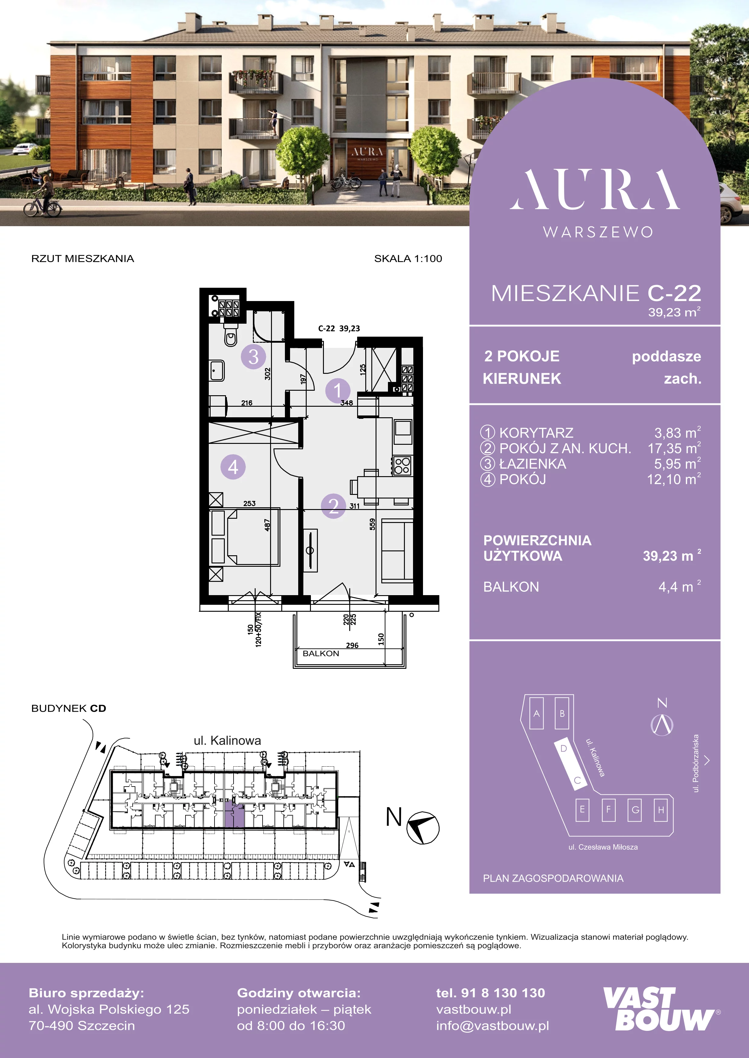 2 pokoje, mieszkanie 39,23 m², piętro 2, oferta nr C-22, AURA WARSZEWO, Szczecin, Północ, Warszewo, ul. Kalinowa