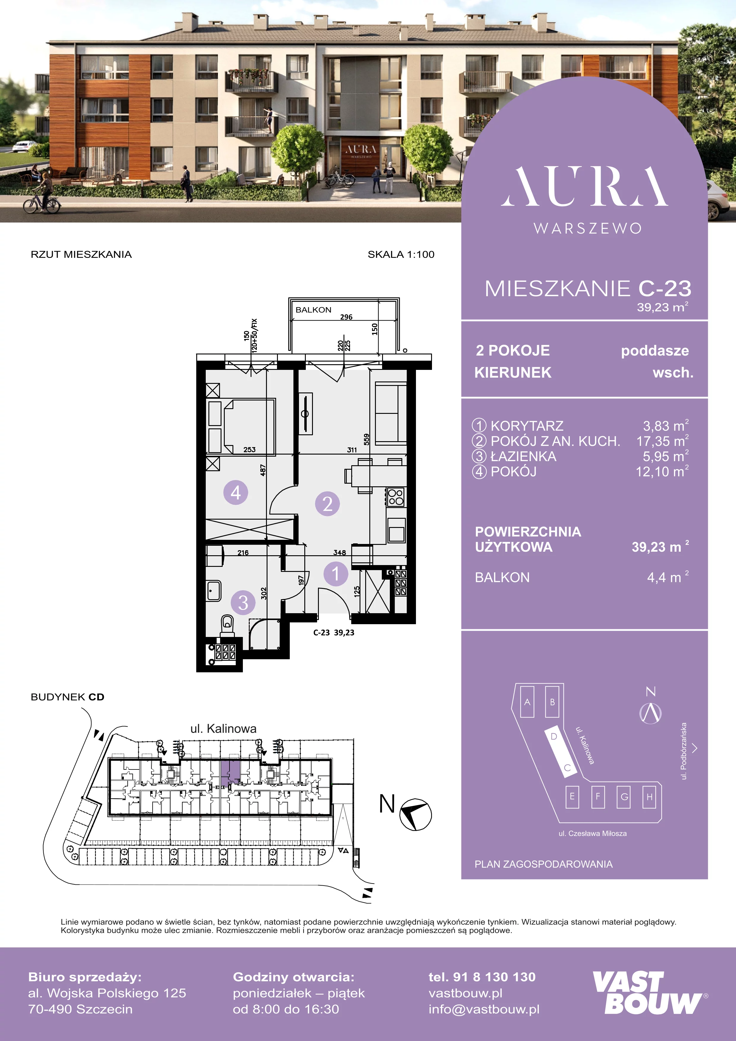 2 pokoje, mieszkanie 39,23 m², piętro 2, oferta nr C-23, AURA WARSZEWO, Szczecin, Północ, Warszewo, ul. Kalinowa