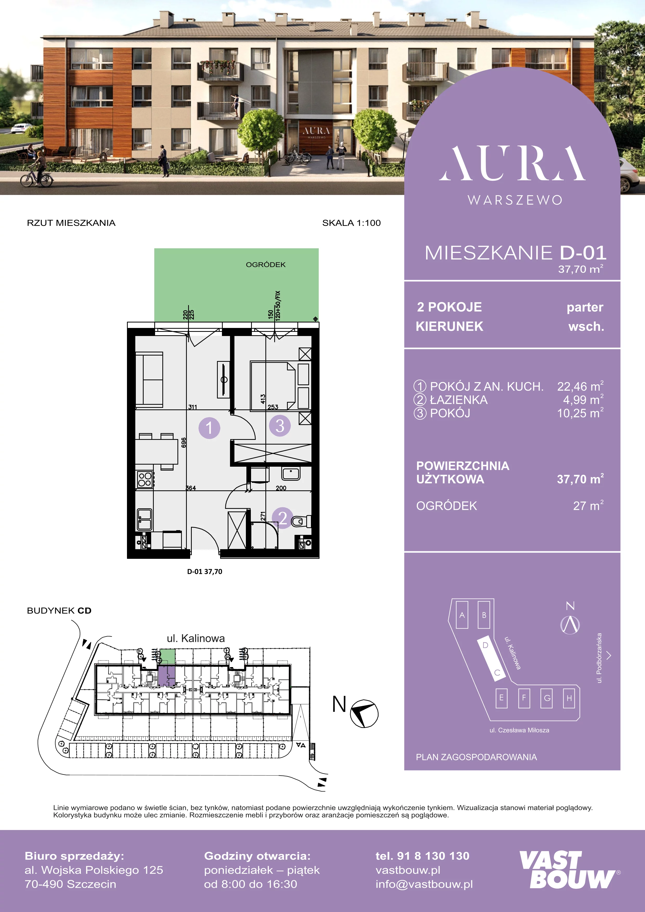 2 pokoje, mieszkanie 37,70 m², parter, oferta nr D-01, AURA WARSZEWO, Szczecin, Północ, Warszewo, ul. Kalinowa