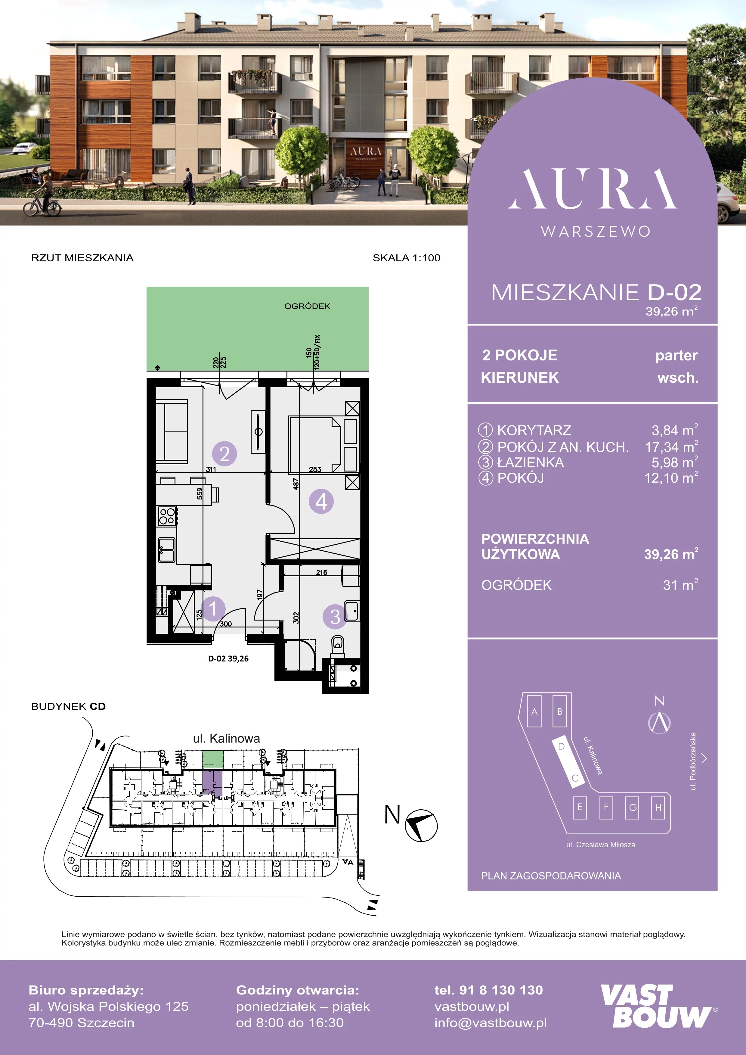 2 pokoje, mieszkanie 39,26 m², parter, oferta nr D-02, AURA WARSZEWO, Szczecin, Północ, Warszewo, ul. Kalinowa