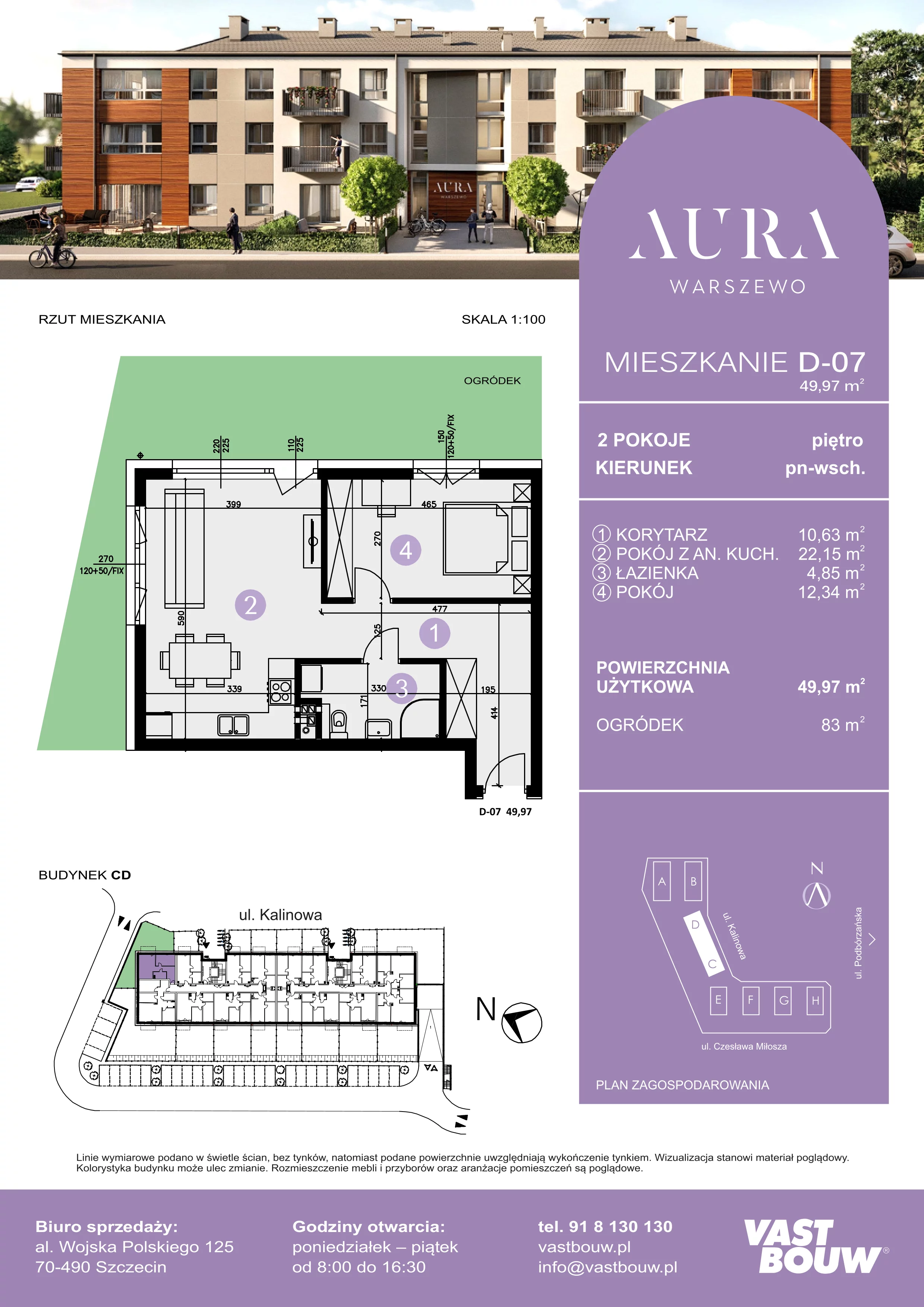 2 pokoje, mieszkanie 49,97 m², parter, oferta nr D-07, AURA WARSZEWO, Szczecin, Północ, Warszewo, ul. Kalinowa