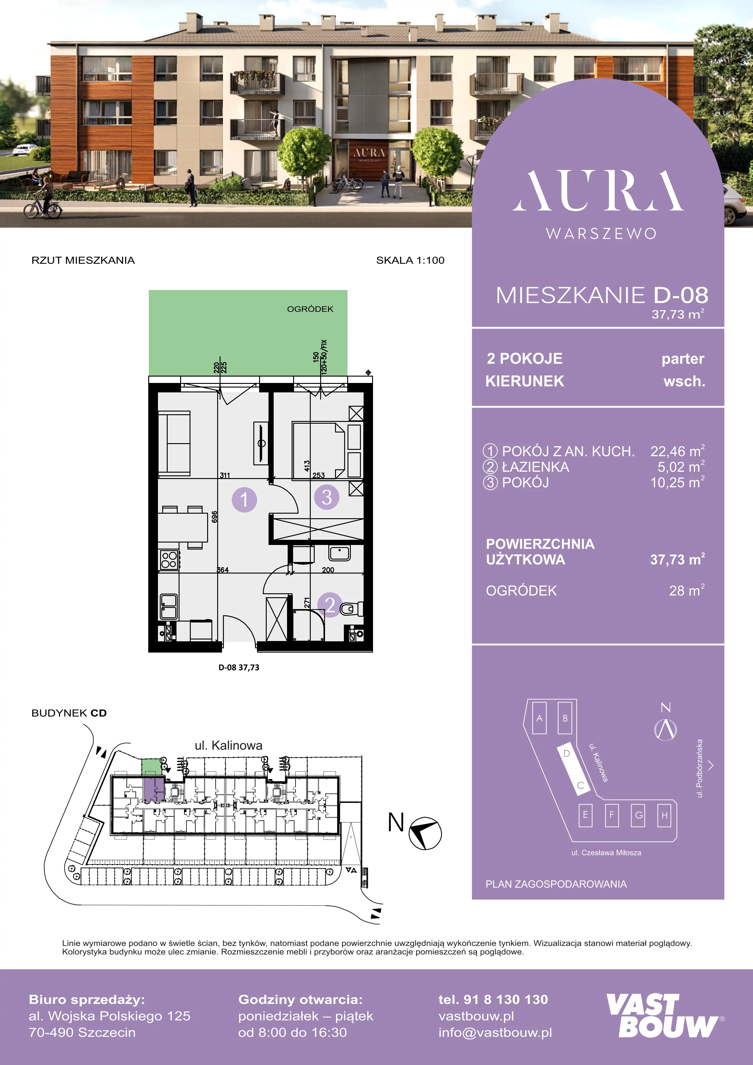 2 pokoje, mieszkanie 37,73 m², parter, oferta nr D-08, AURA WARSZEWO, Szczecin, Północ, Warszewo, ul. Kalinowa