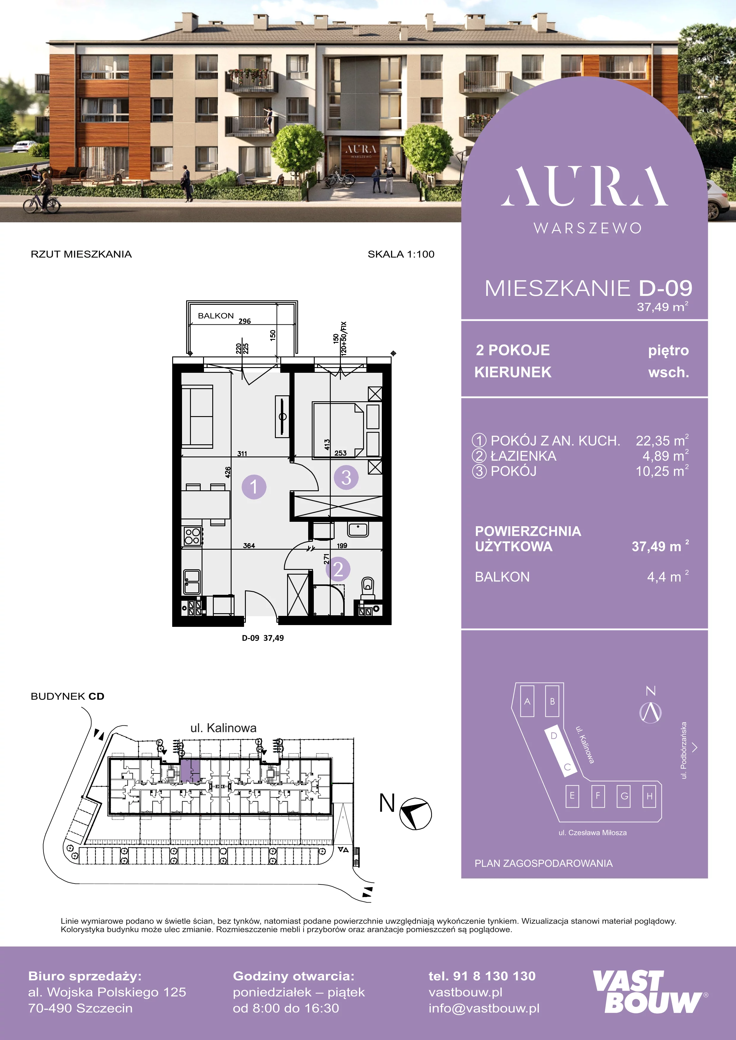 2 pokoje, mieszkanie 37,49 m², piętro 1, oferta nr D-09, AURA WARSZEWO, Szczecin, Północ, Warszewo, ul. Kalinowa