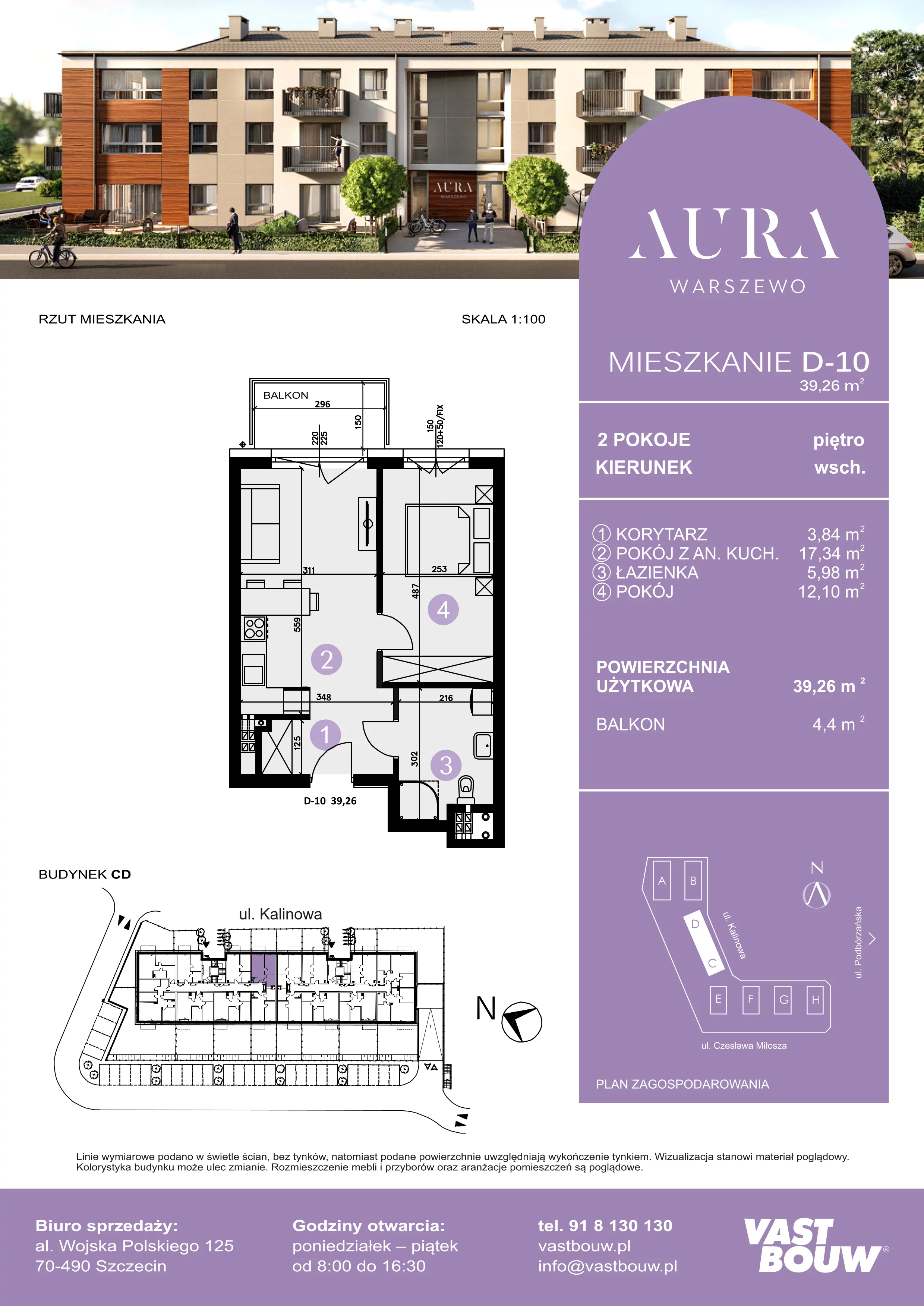2 pokoje, mieszkanie 39,26 m², piętro 1, oferta nr D-10, AURA WARSZEWO, Szczecin, Północ, Warszewo, ul. Kalinowa
