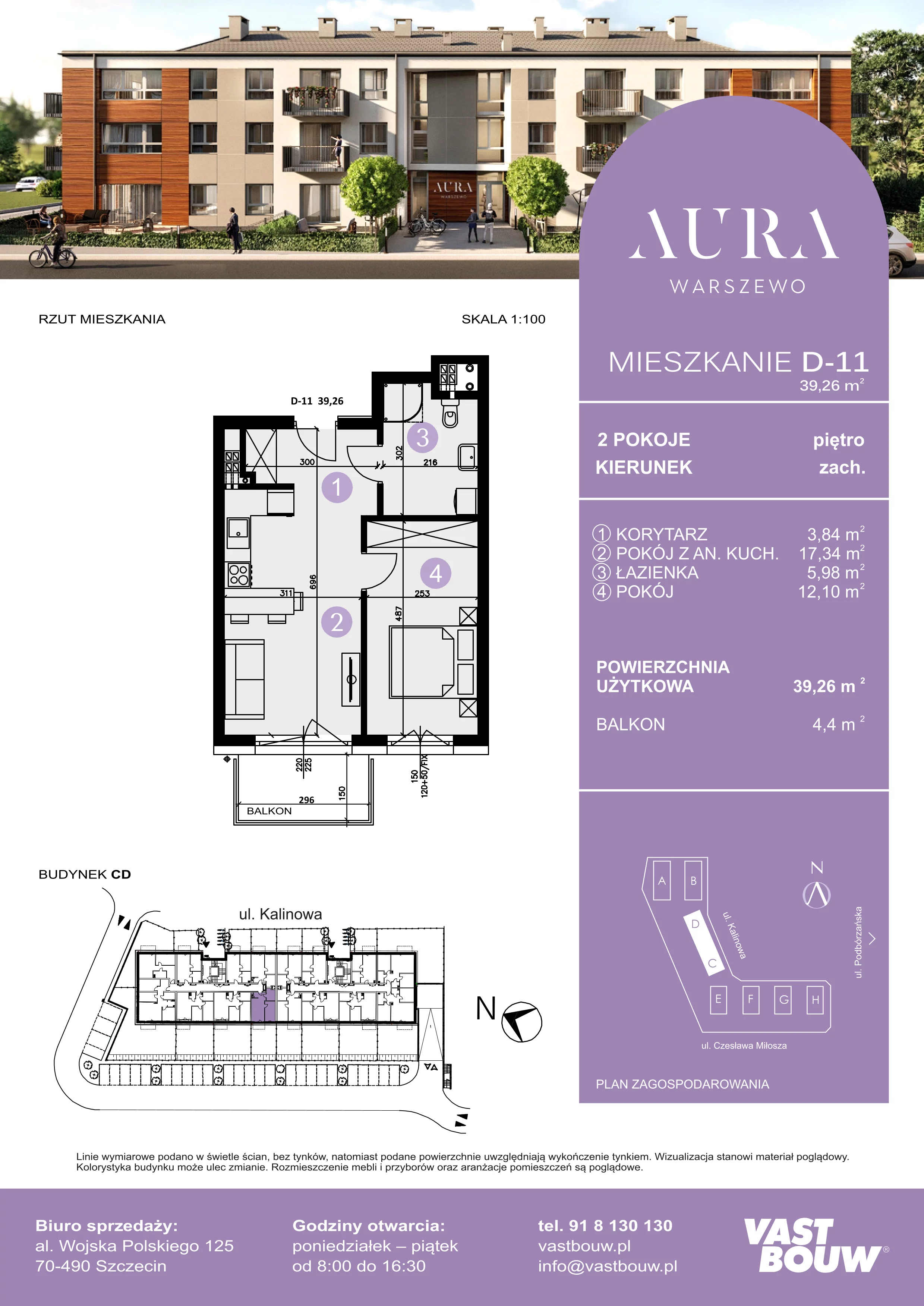 2 pokoje, mieszkanie 39,26 m², piętro 1, oferta nr D-11, AURA WARSZEWO, Szczecin, Północ, Warszewo, ul. Kalinowa