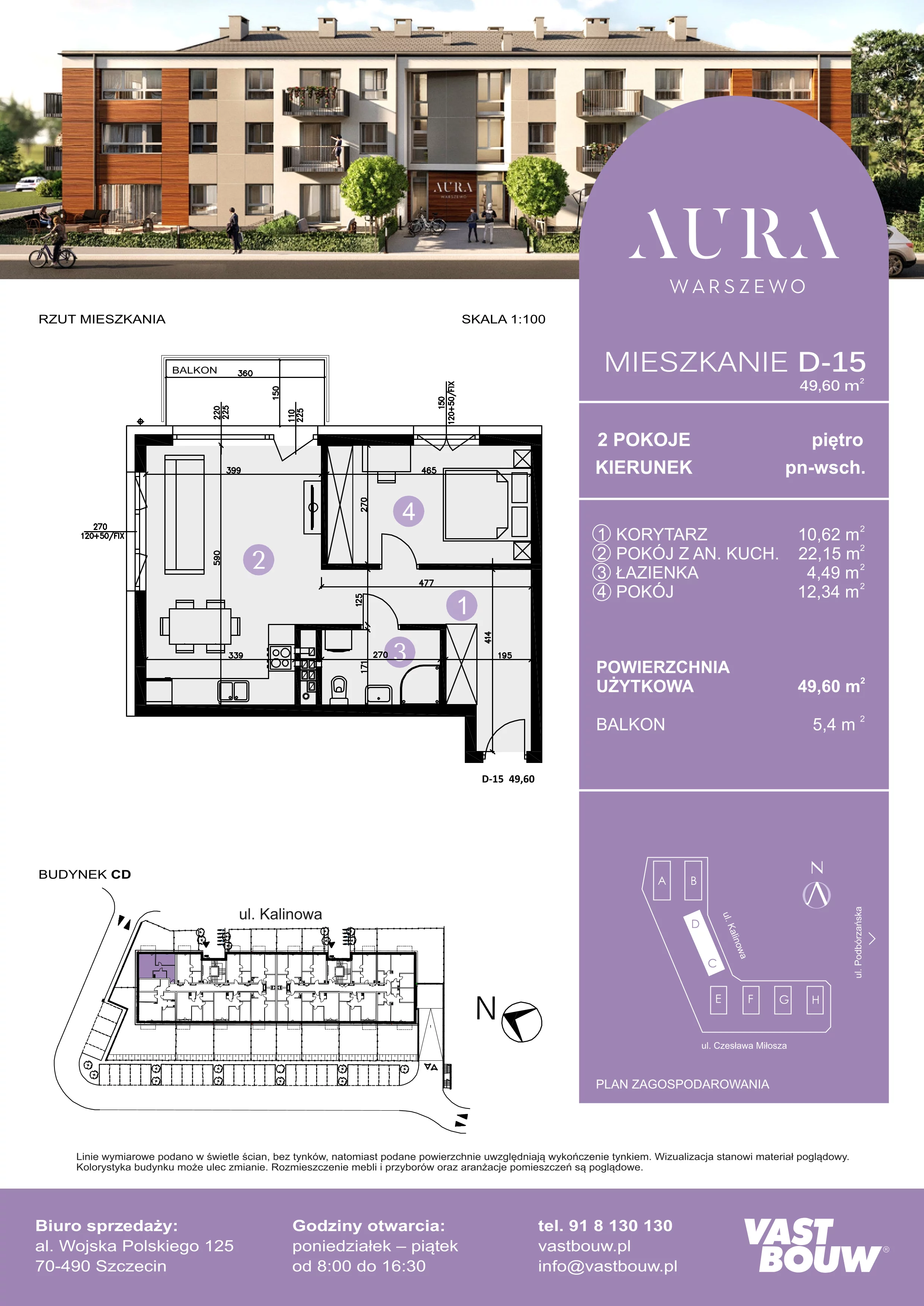 2 pokoje, mieszkanie 49,60 m², piętro 1, oferta nr D-15, AURA WARSZEWO, Szczecin, Północ, Warszewo, ul. Kalinowa