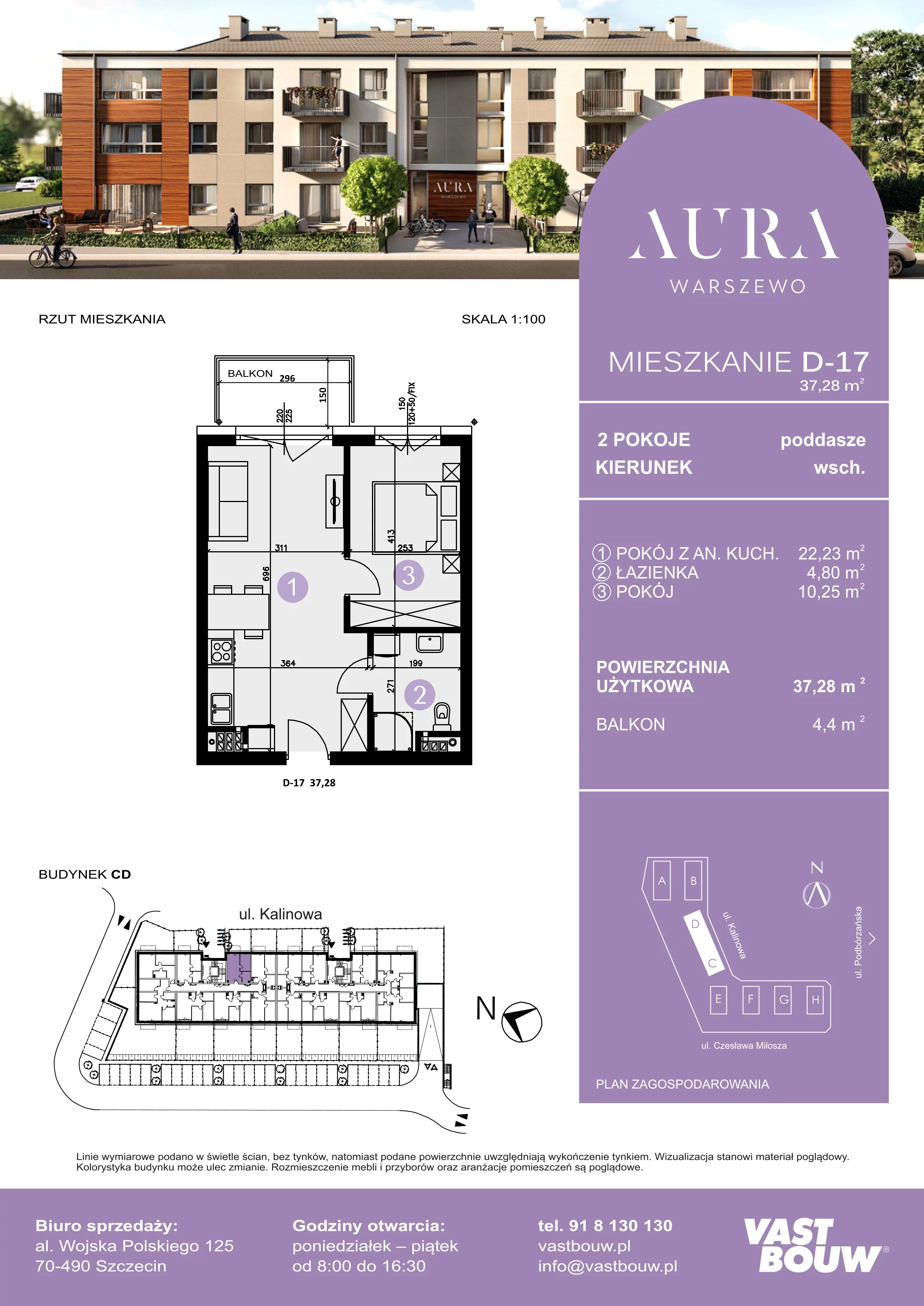2 pokoje, mieszkanie 37,28 m², piętro 2, oferta nr D-17, AURA WARSZEWO, Szczecin, Północ, Warszewo, ul. Kalinowa