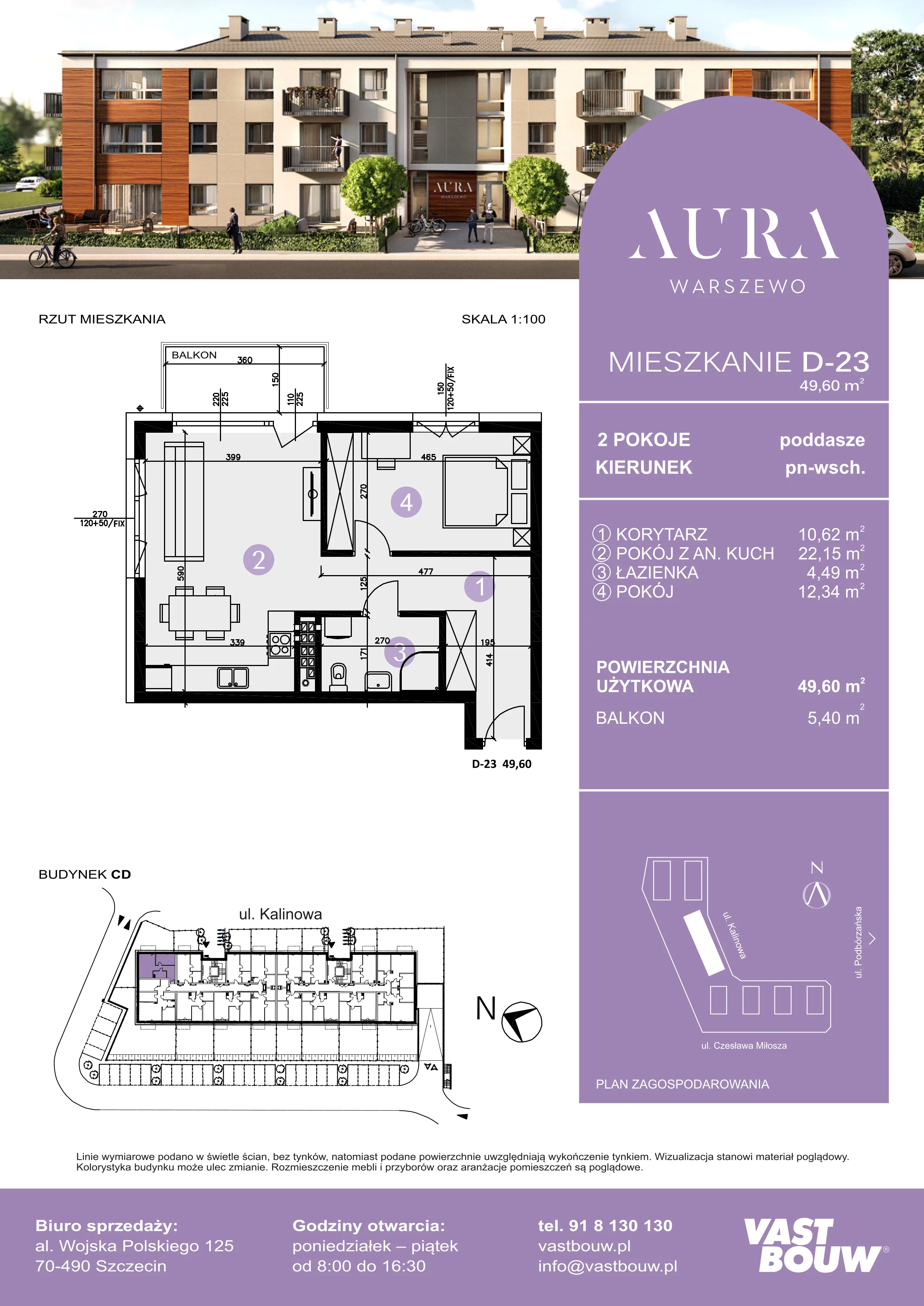 2 pokoje, mieszkanie 49,60 m², piętro 2, oferta nr D-23, AURA WARSZEWO, Szczecin, Północ, Warszewo, ul. Kalinowa