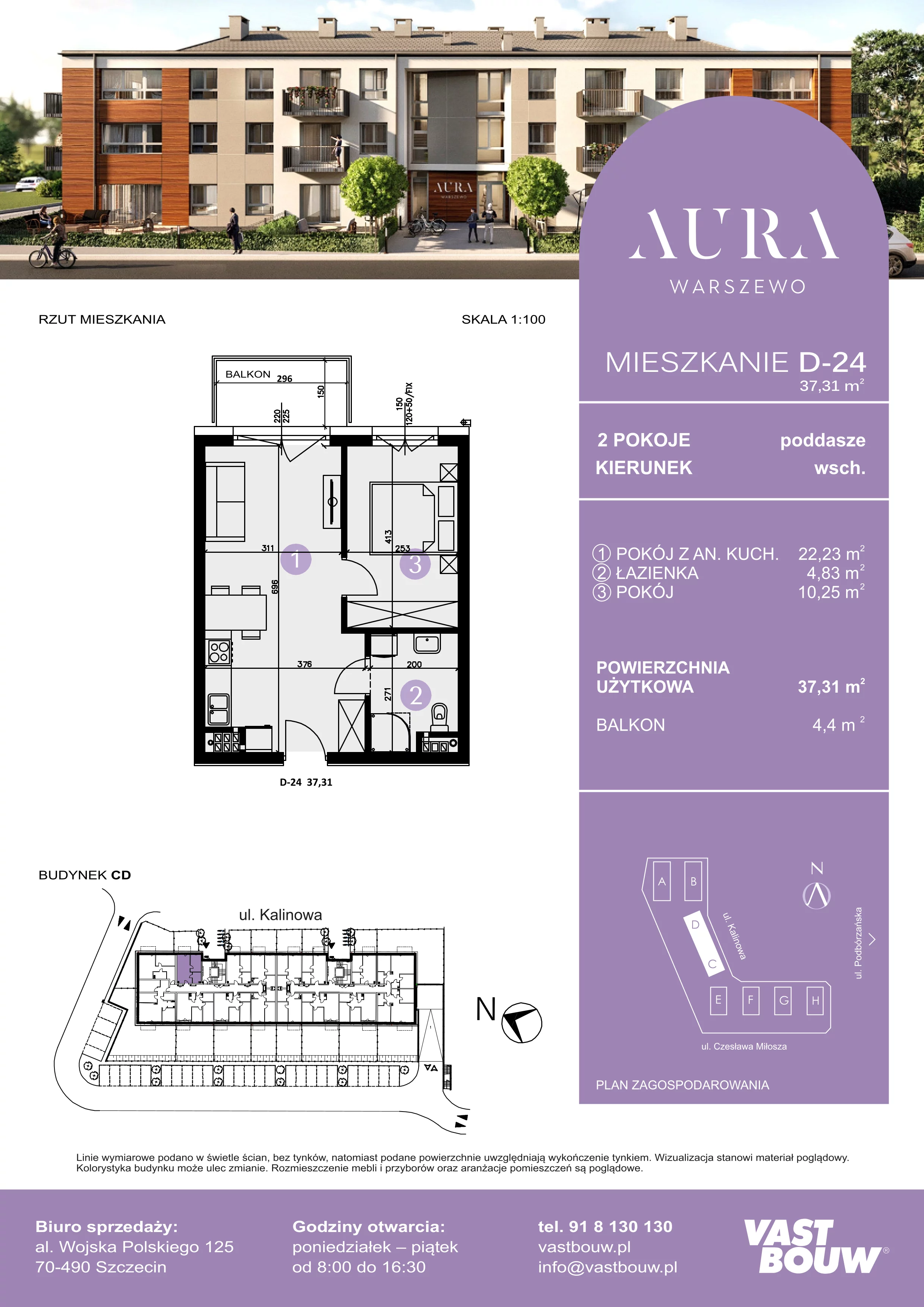 2 pokoje, mieszkanie 37,31 m², piętro 2, oferta nr D-24, AURA WARSZEWO, Szczecin, Północ, Warszewo, ul. Kalinowa