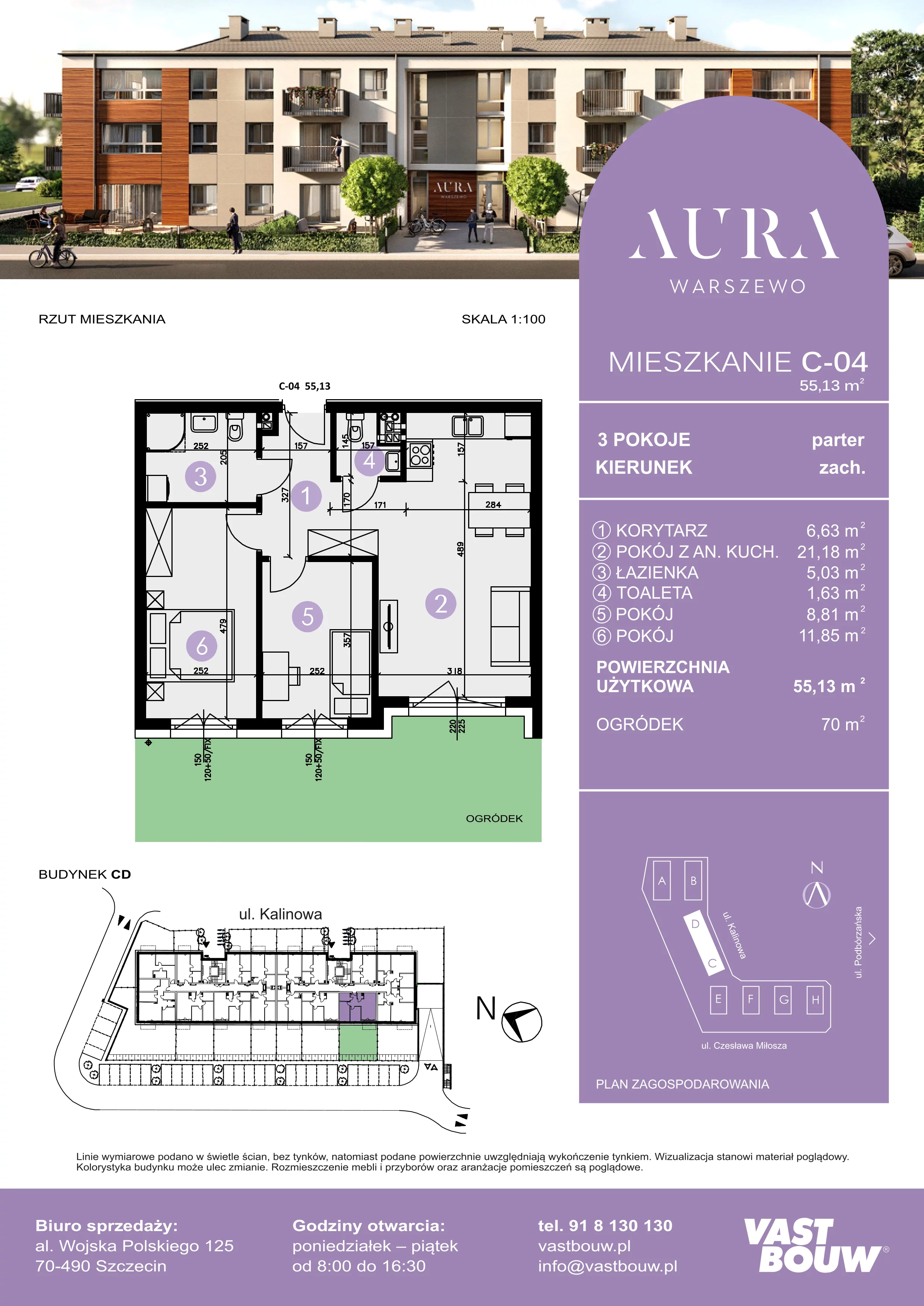 3 pokoje, mieszkanie 55,13 m², parter, oferta nr C-04, AURA WARSZEWO, Szczecin, Północ, Warszewo, ul. Kalinowa